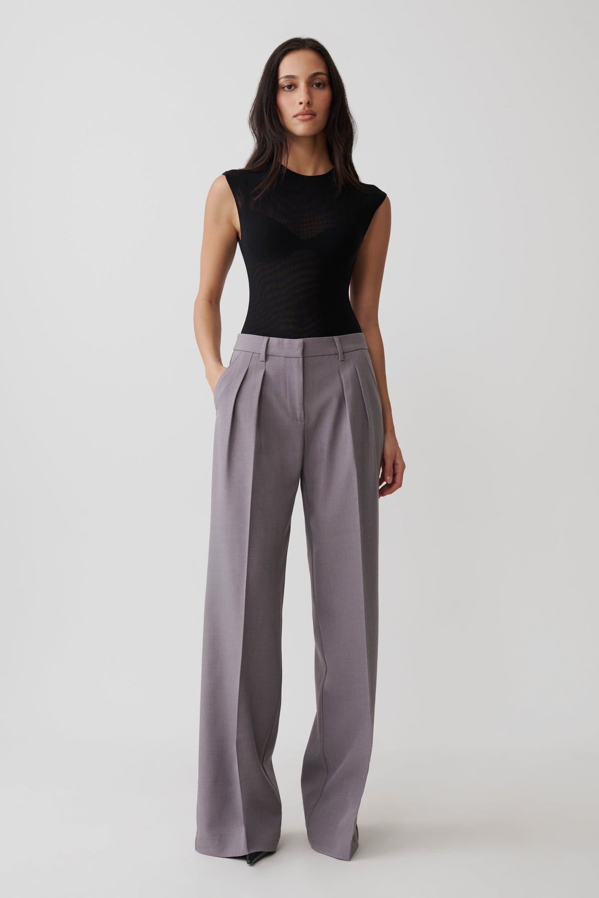 Phoebe Straight Leg Suiting Pants - Light Grey Marle