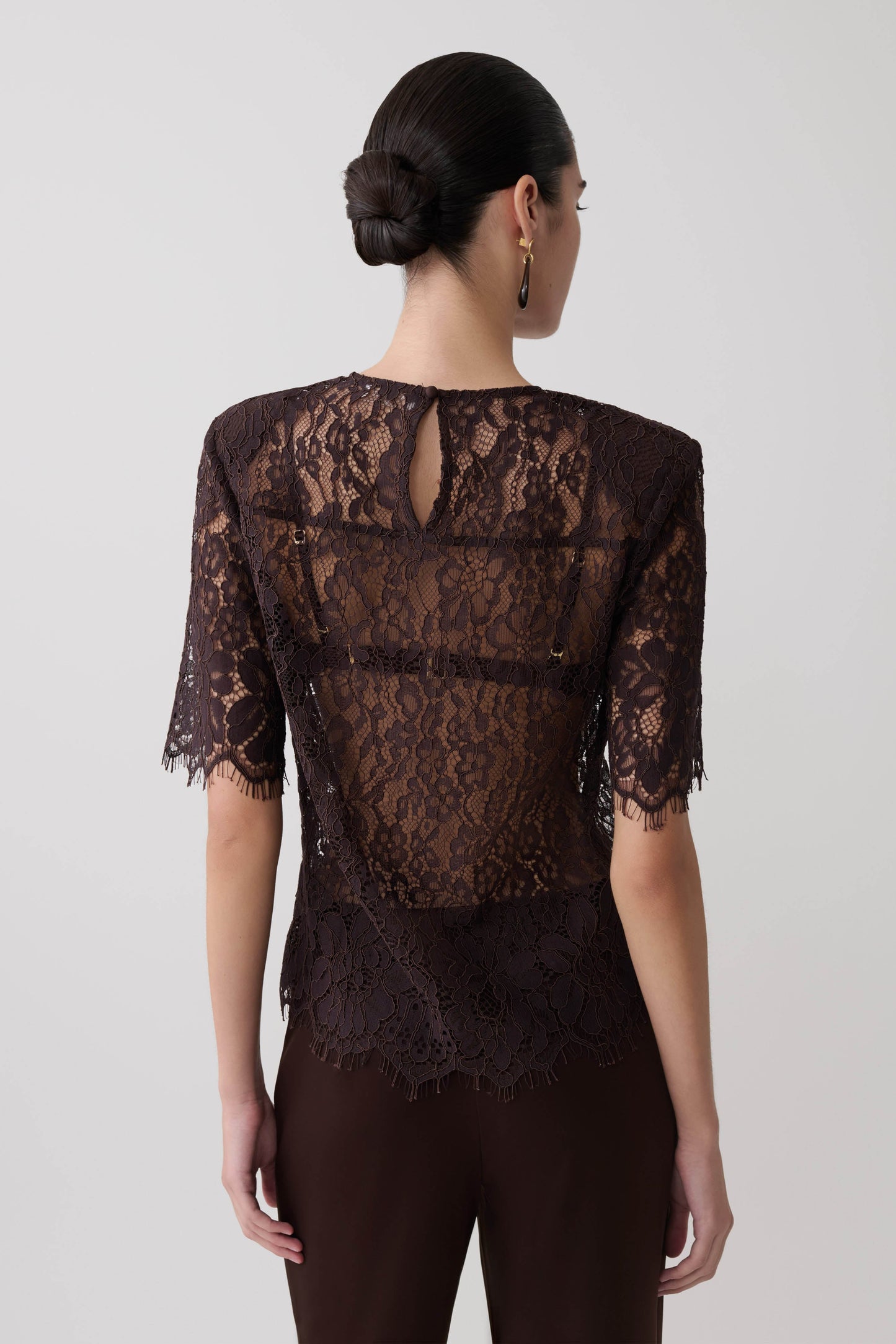 Harlyn Shoulder Pad Short Sleeve Lace Top - Dark Chocolate