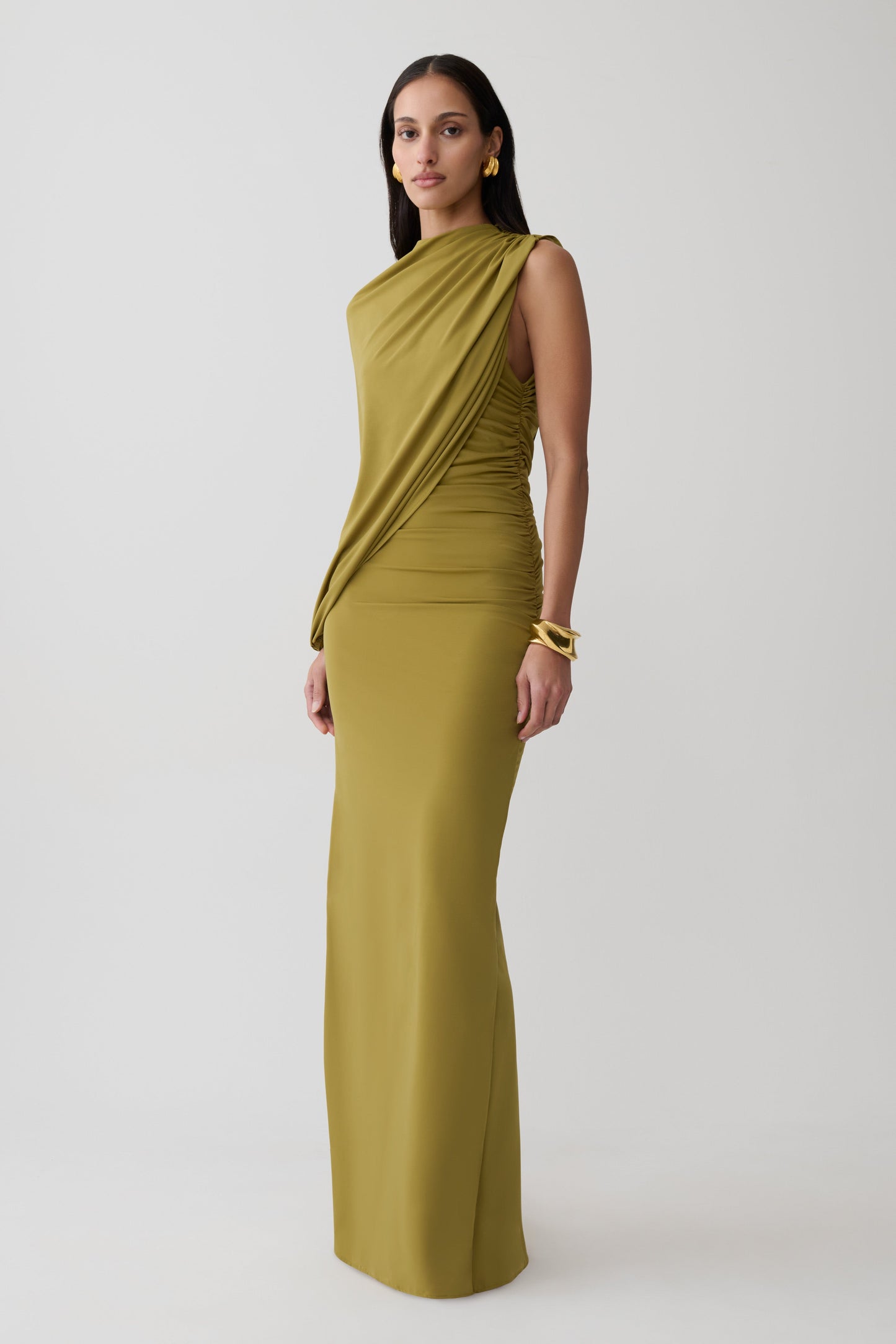 Yuri Gather Sleeve Maxi Dress - Martini Olive