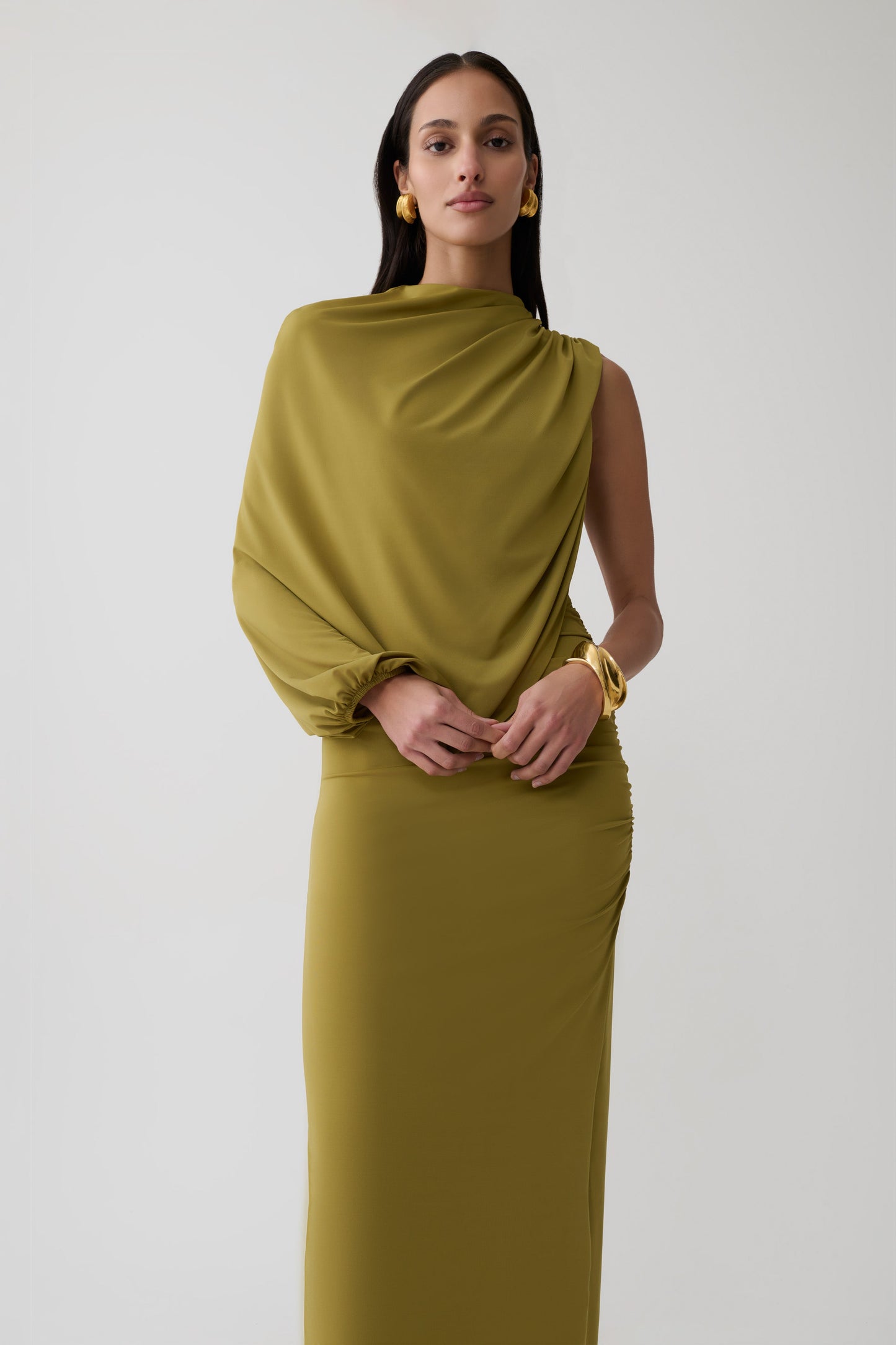 Yuri Gather Sleeve Maxi Dress - Martini Olive