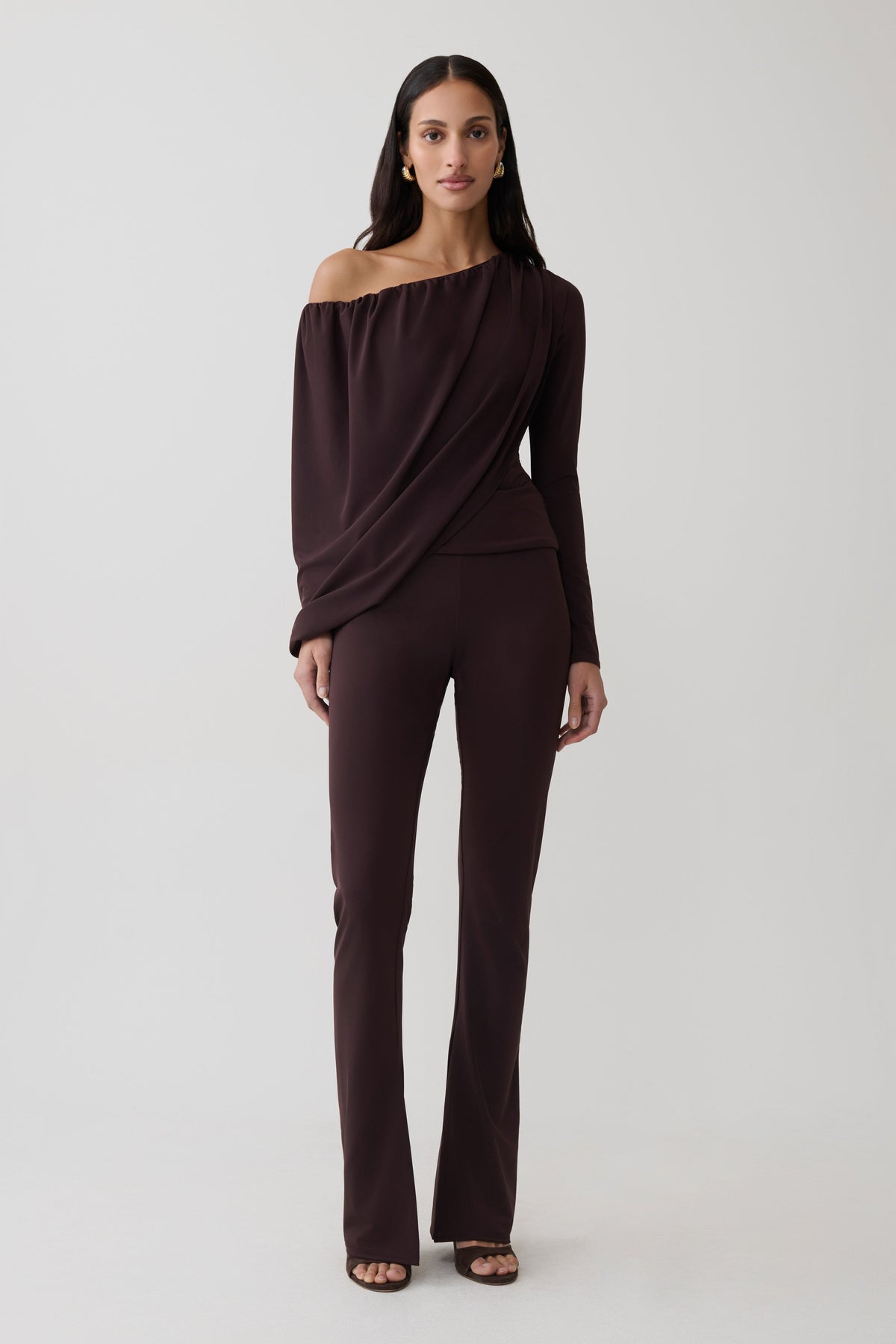 Yuri Long Sleeve Off Shoulder Draped Top - Chocolate #9