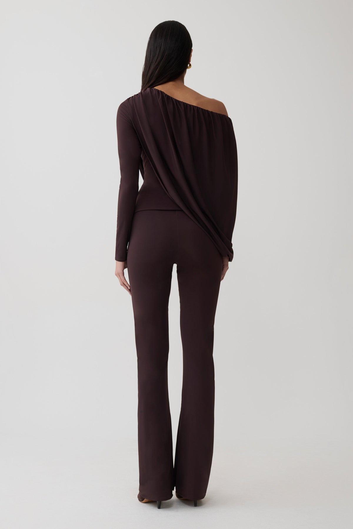 Yuri Long Sleeve Off Shoulder Draped Top - Chocolate