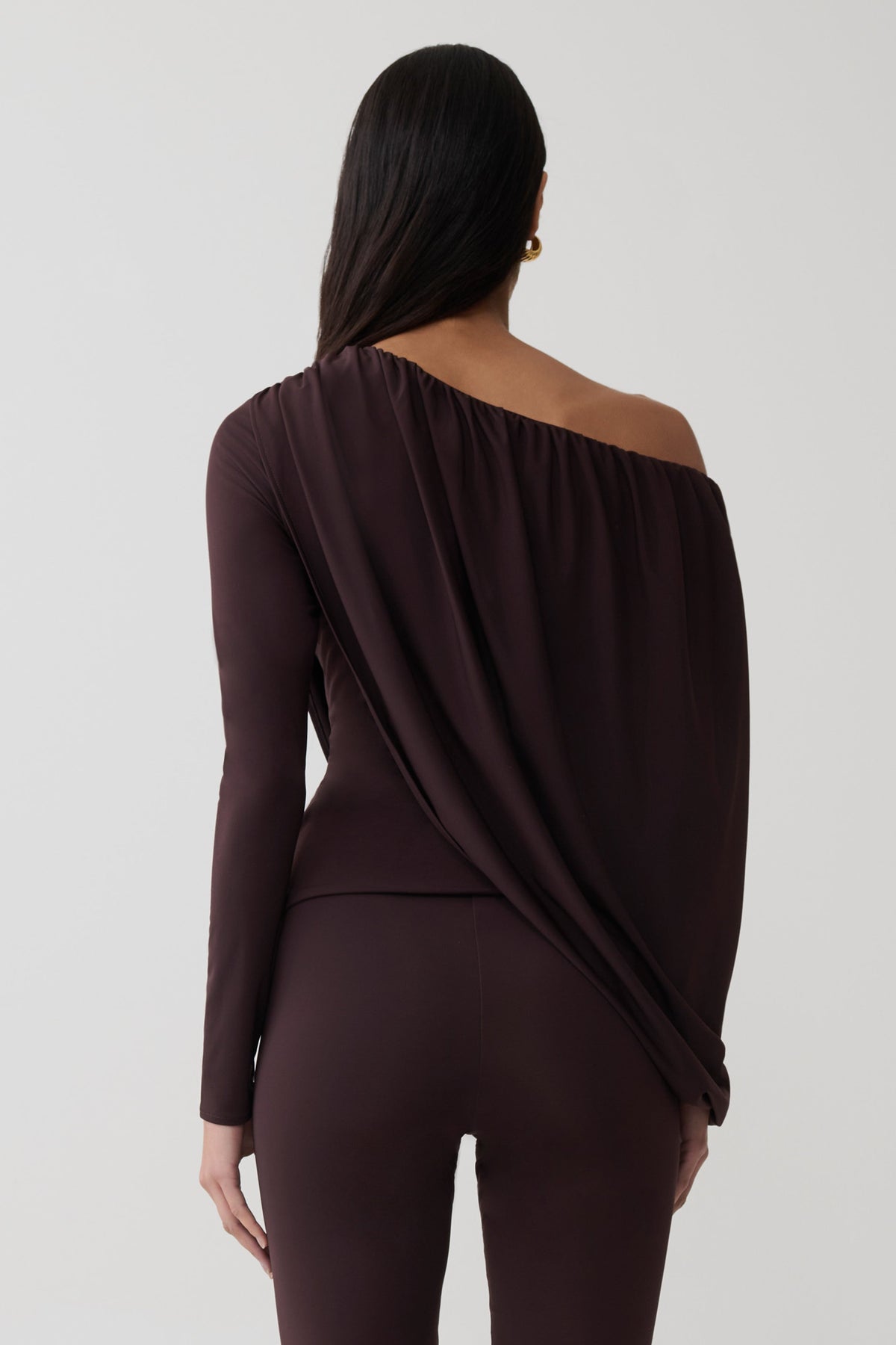 Yuri Long Sleeve Off Shoulder Draped Top - Chocolate #2