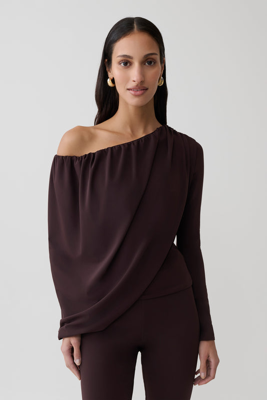 Yuri Long Sleeve Off Shoulder Draped Top - Chocolate