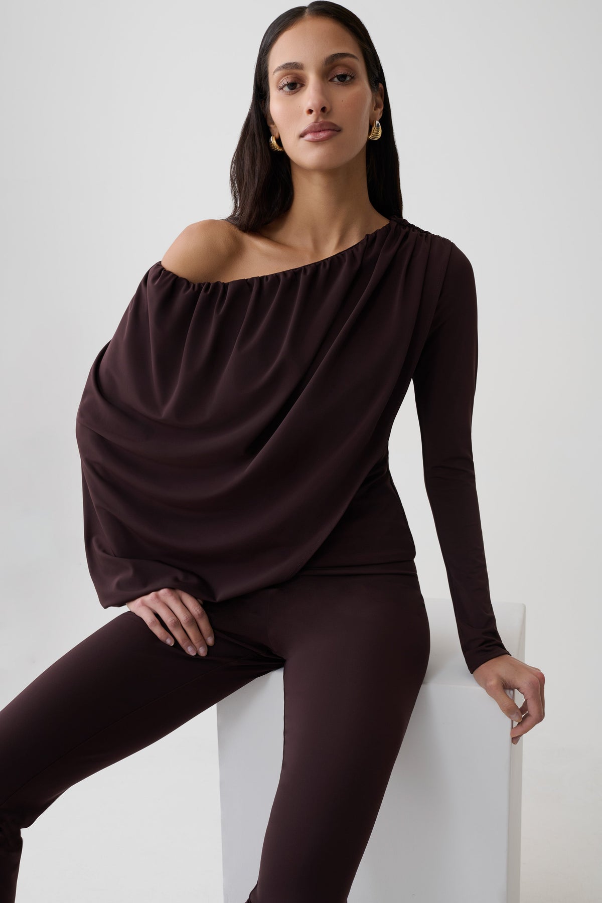 Yuri Long Sleeve Off Shoulder Draped Top - Chocolate #7