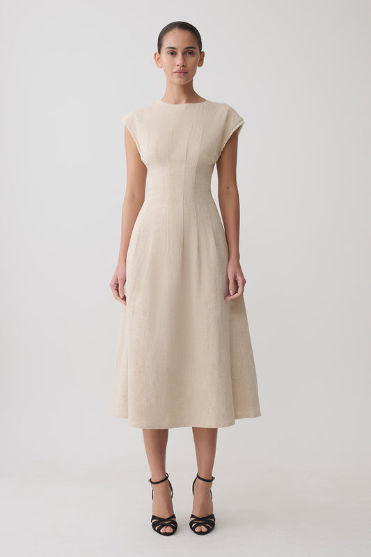 Zinia Linen Cap Sleeve Midi Dress - Natural
