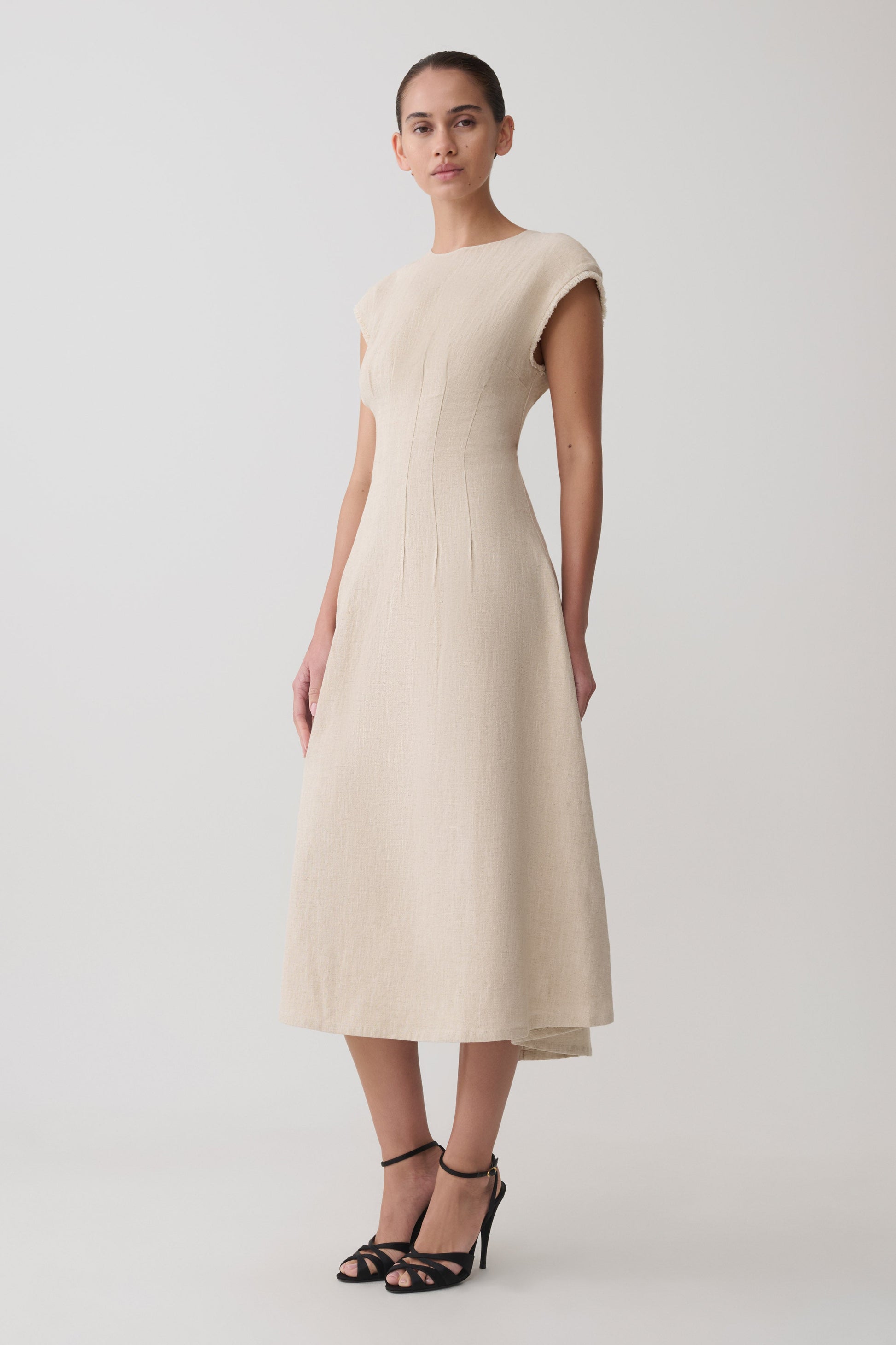 Zinia Linen Cap Sleeve Midi Dress - Natural #3