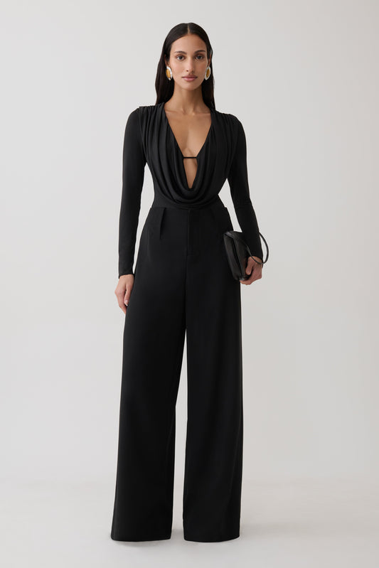 Ren Cowl Long Sleeve Slinky Bodysuit - Black