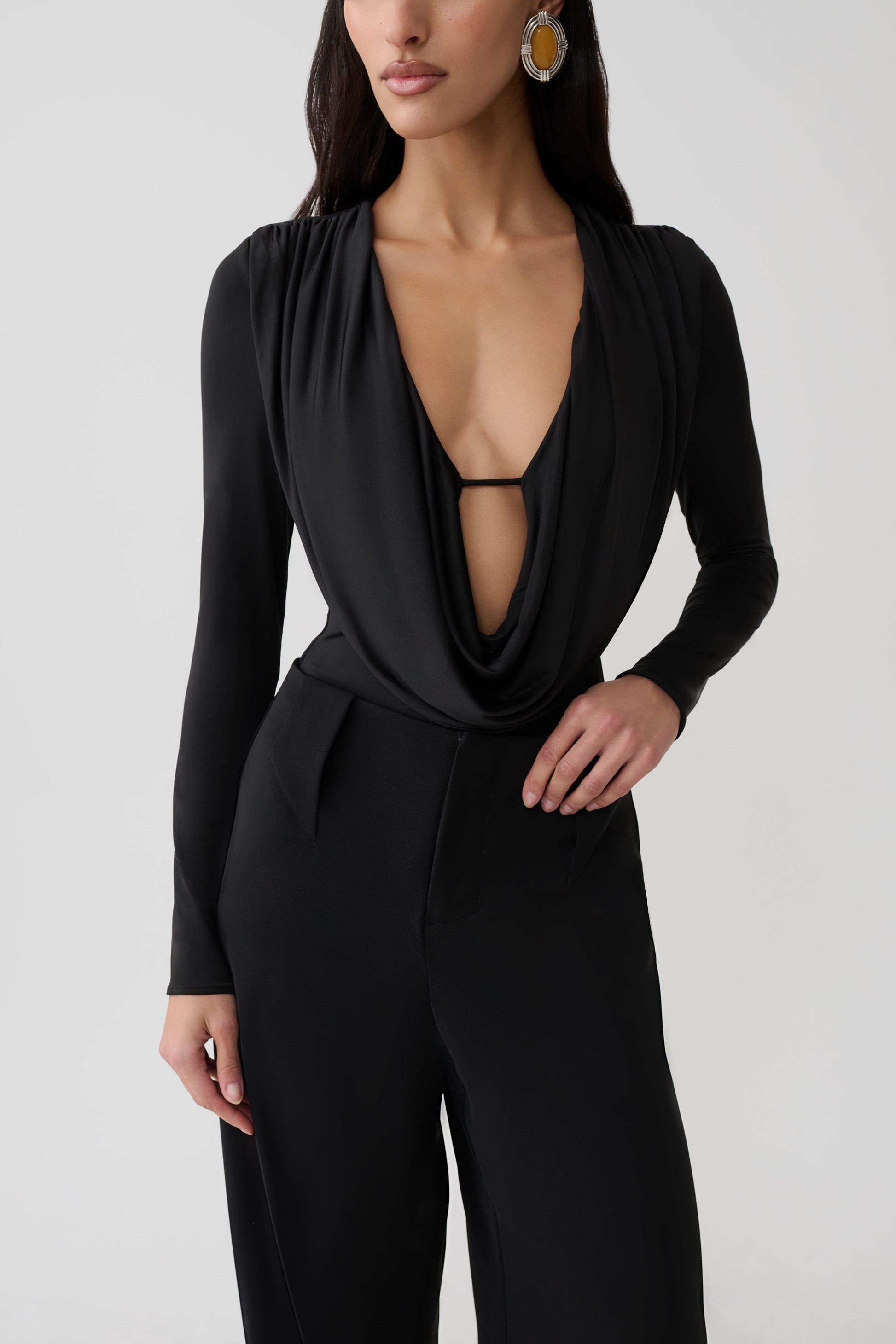 Ren Cowl Long Sleeve Slinky Bodysuit - Black #8