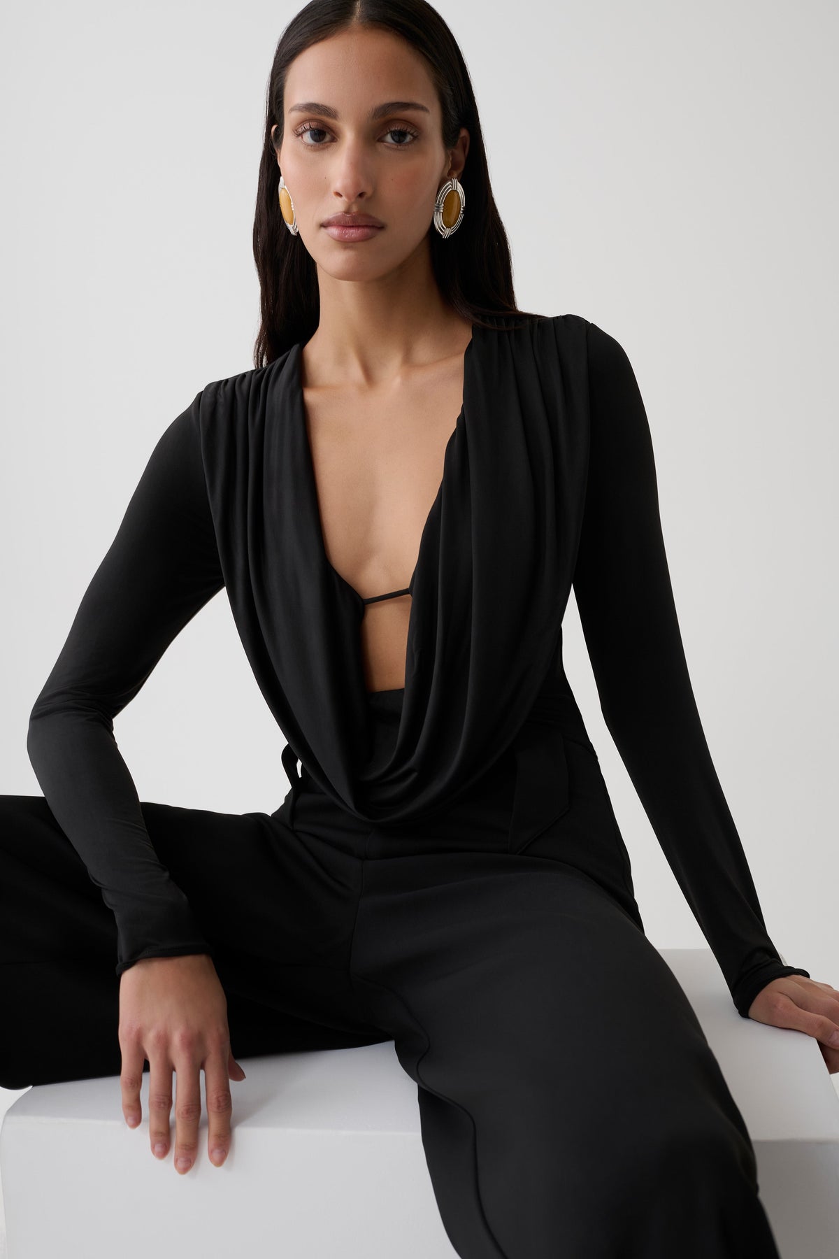 Ren Cowl Long Sleeve Slinky Bodysuit - Black #3