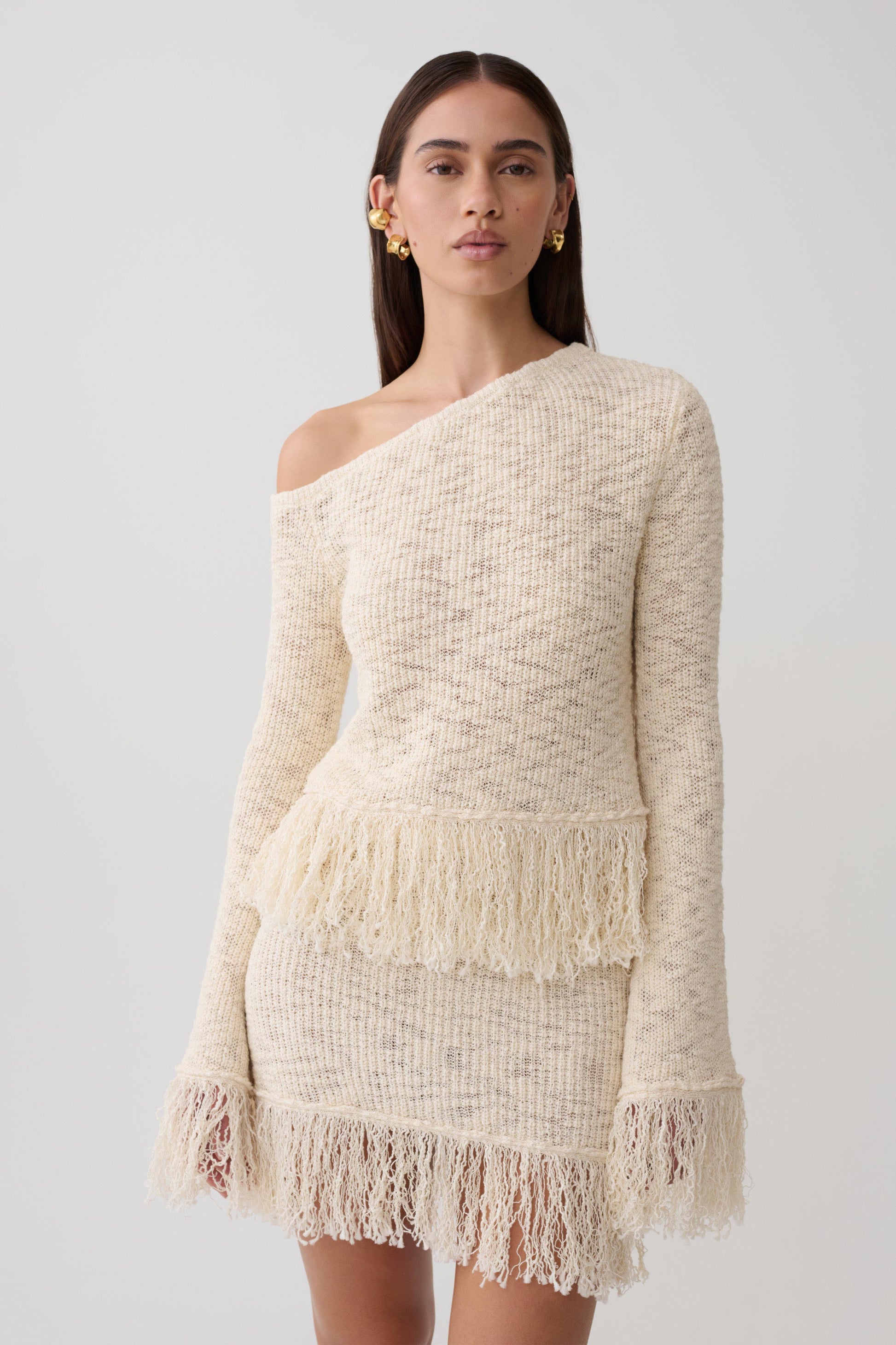 Tabitha Fringe Knit Long Sleeve Top - Cream