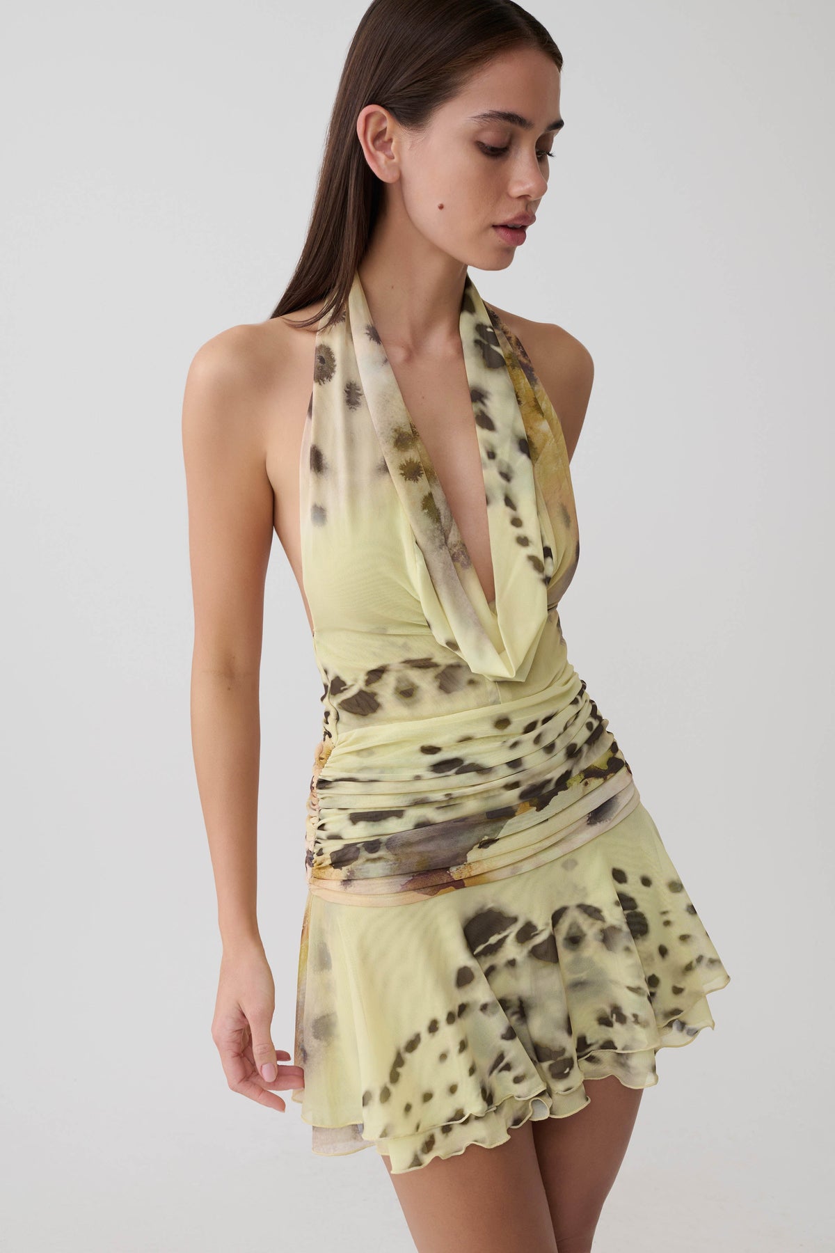 Adalee Mesh Halter Mini Dress - Yellow Floral Leopard Print #4
