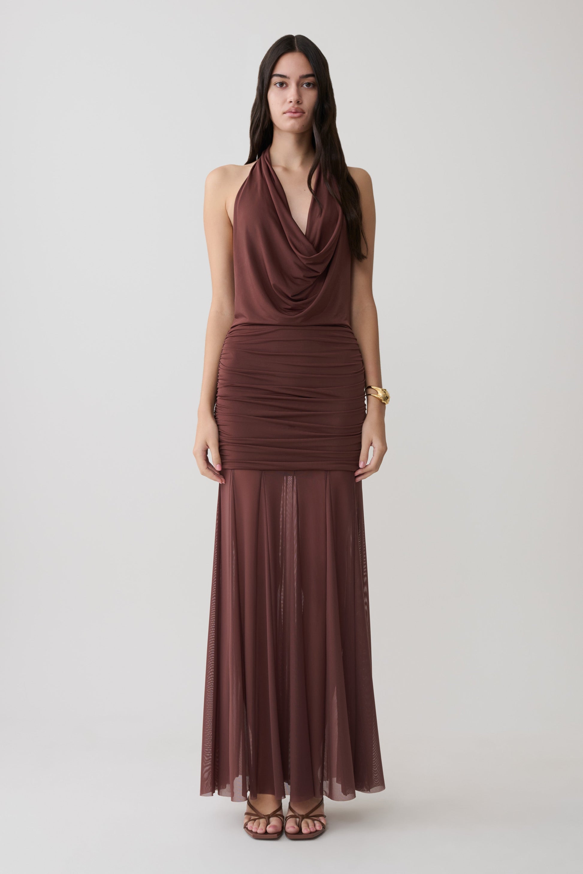 Jorja Draped Halter Slinky Maxi Dress - Chocolate #5