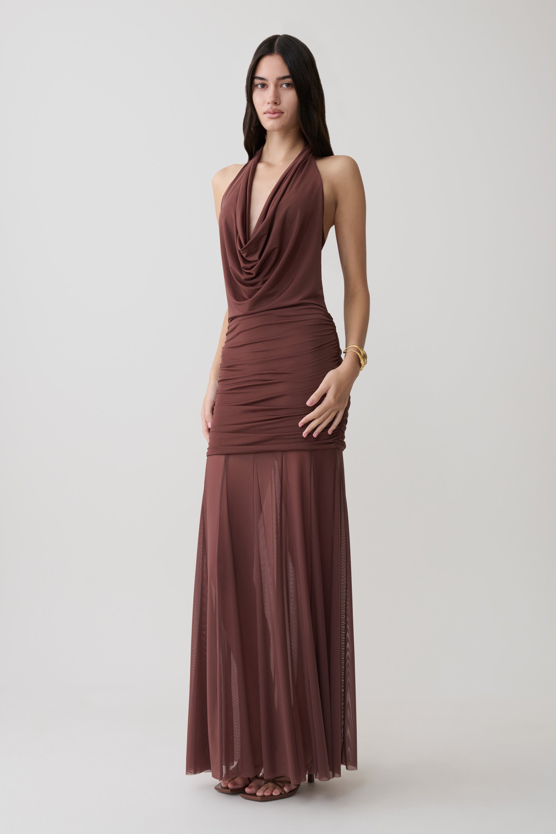 Jorja Draped Halter Slinky Maxi Dress - Chocolate #4
