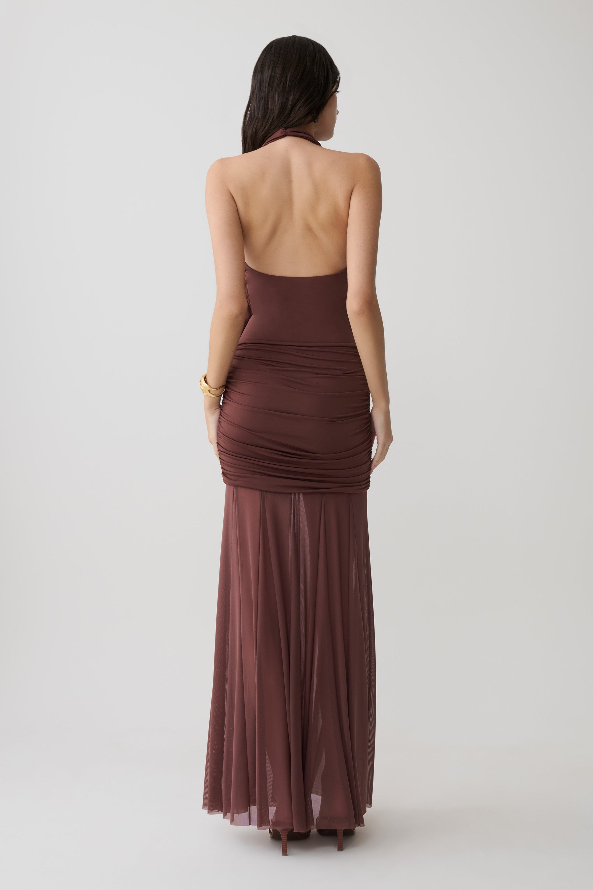 Jorja Draped Halter Slinky Maxi Dress - Chocolate #2