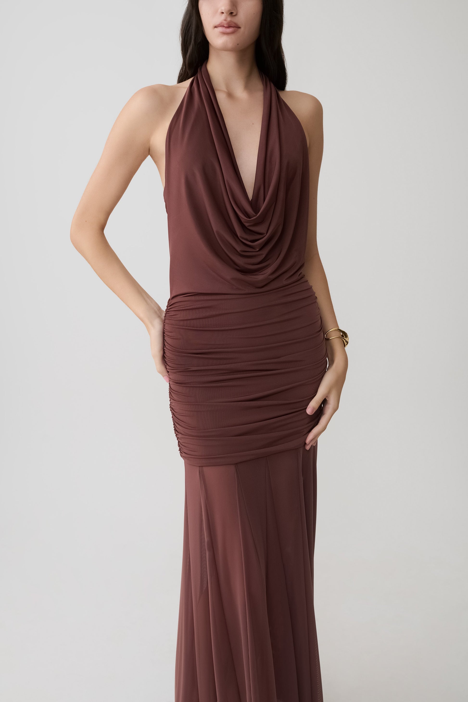 Jorja Draped Halter Slinky Maxi Dress - Chocolate #7