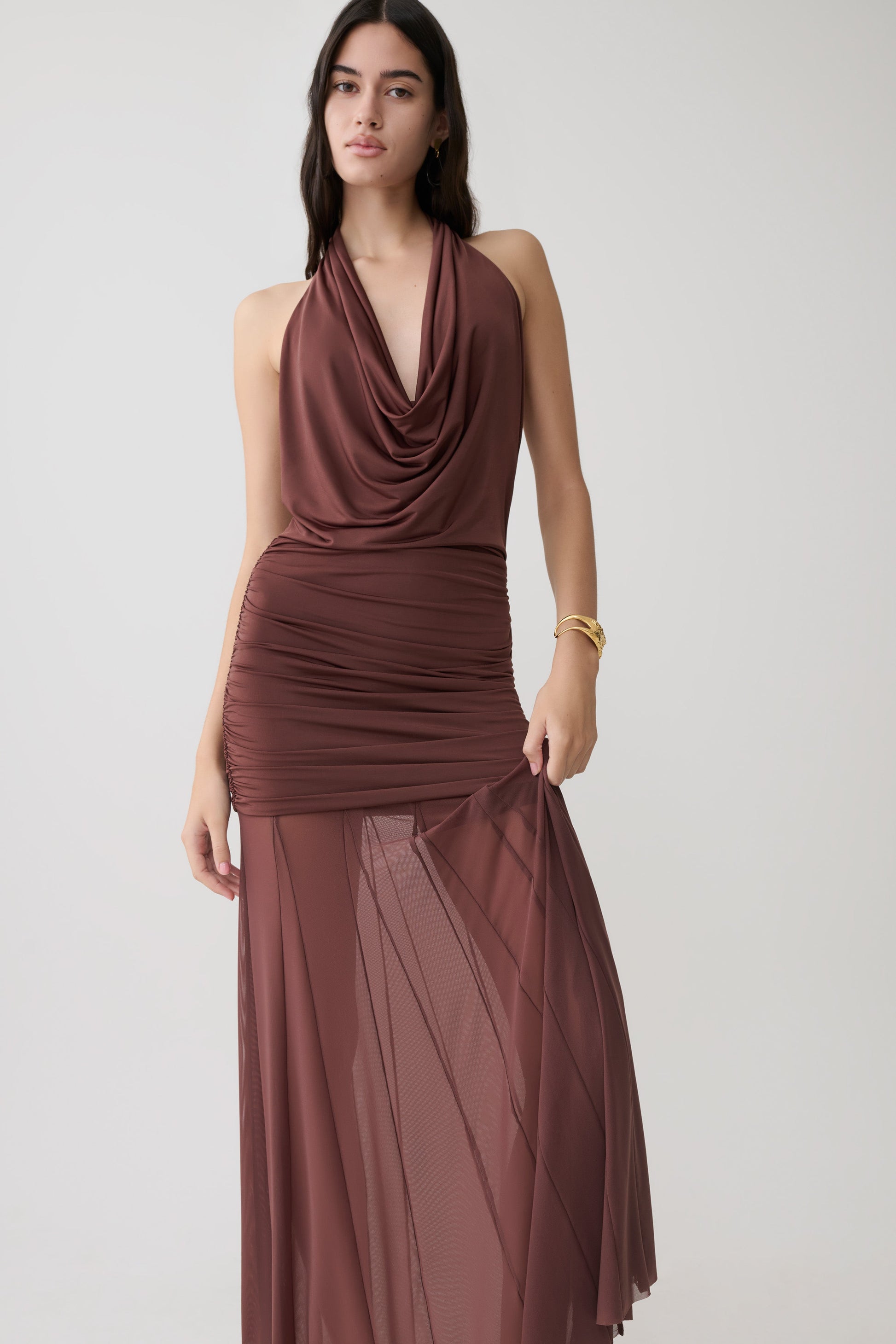 Jorja Draped Halter Slinky Maxi Dress - Chocolate #3