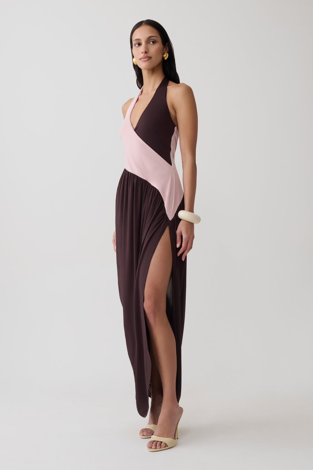 Nari Halter Gathered Maxi Dress - Muted Pink/Dark Chocolate #4
