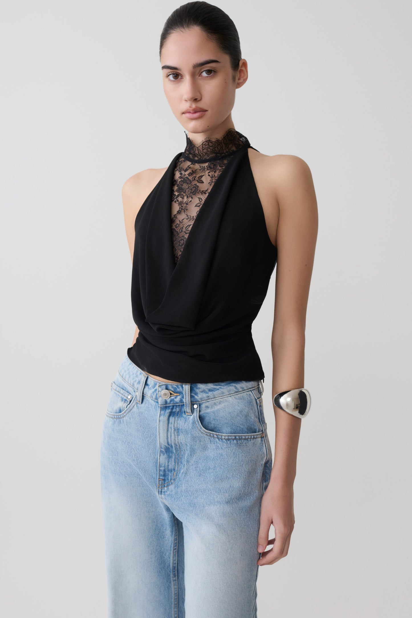 Arra Chiffon & Lace Halter Top - Black