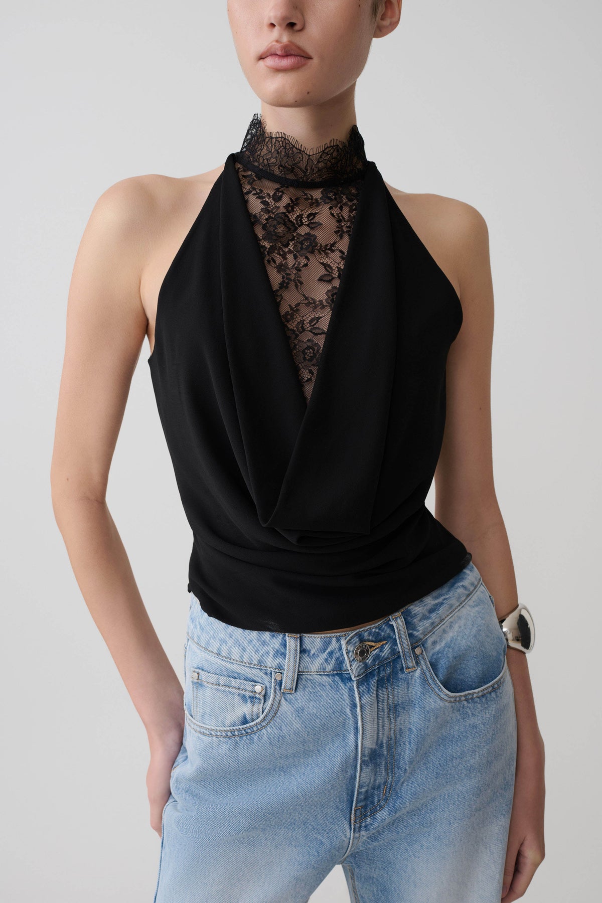 Arra Chiffon & Lace Halter Top - Black #3