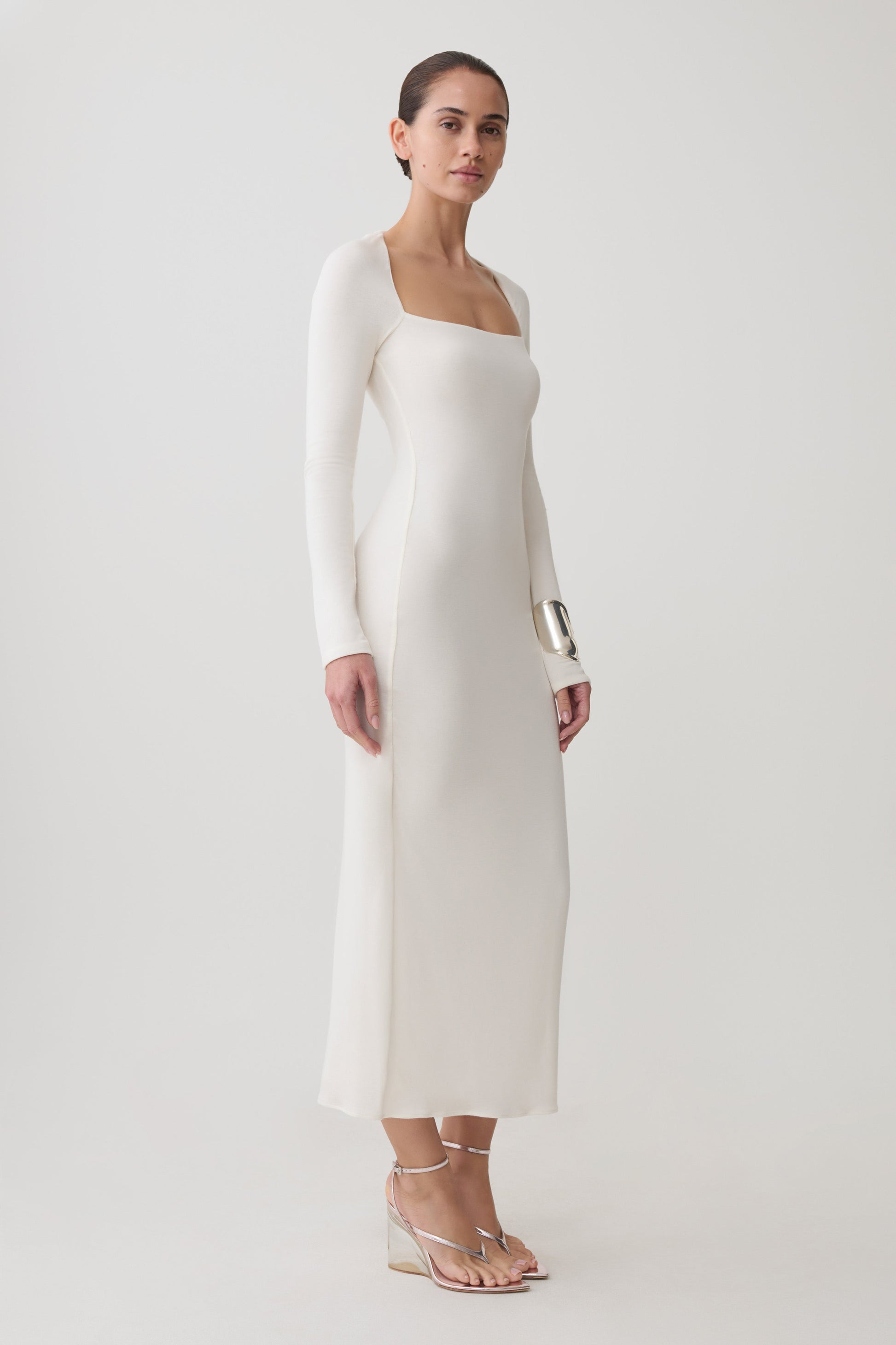 Freja Long Sleeve Wool Midi Dress - White #6