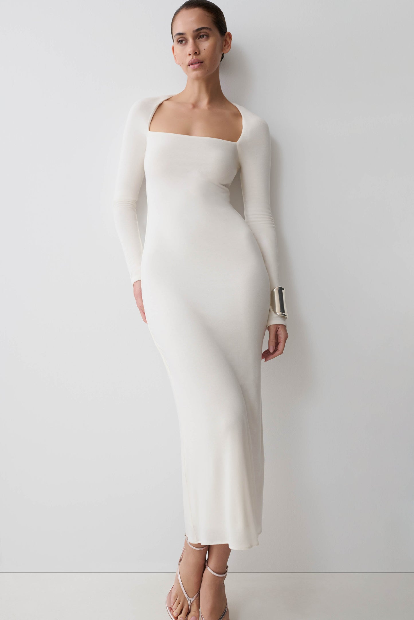 Freja Long Sleeve Wool Midi Dress - White