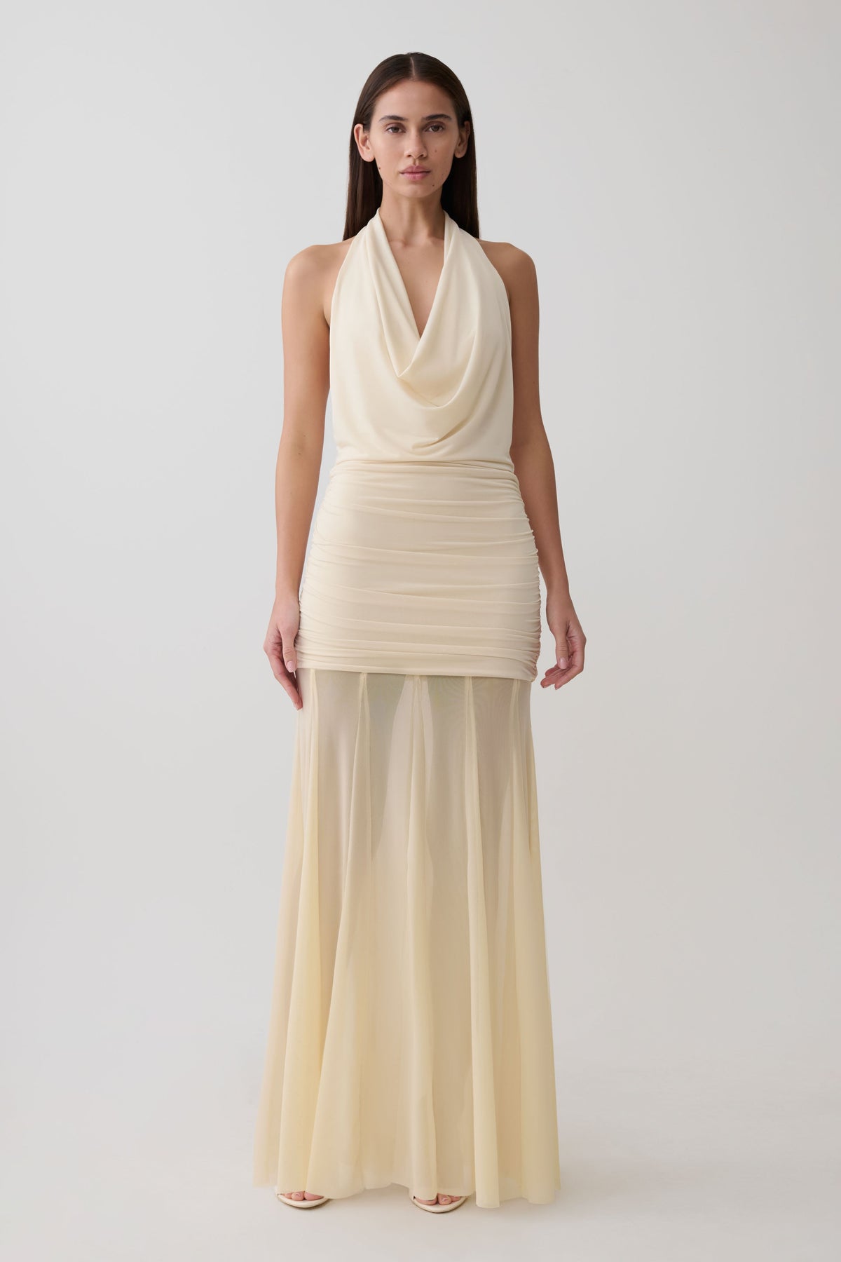 Jorja Draped Halter Slinky Maxi Dress - Ivory #5