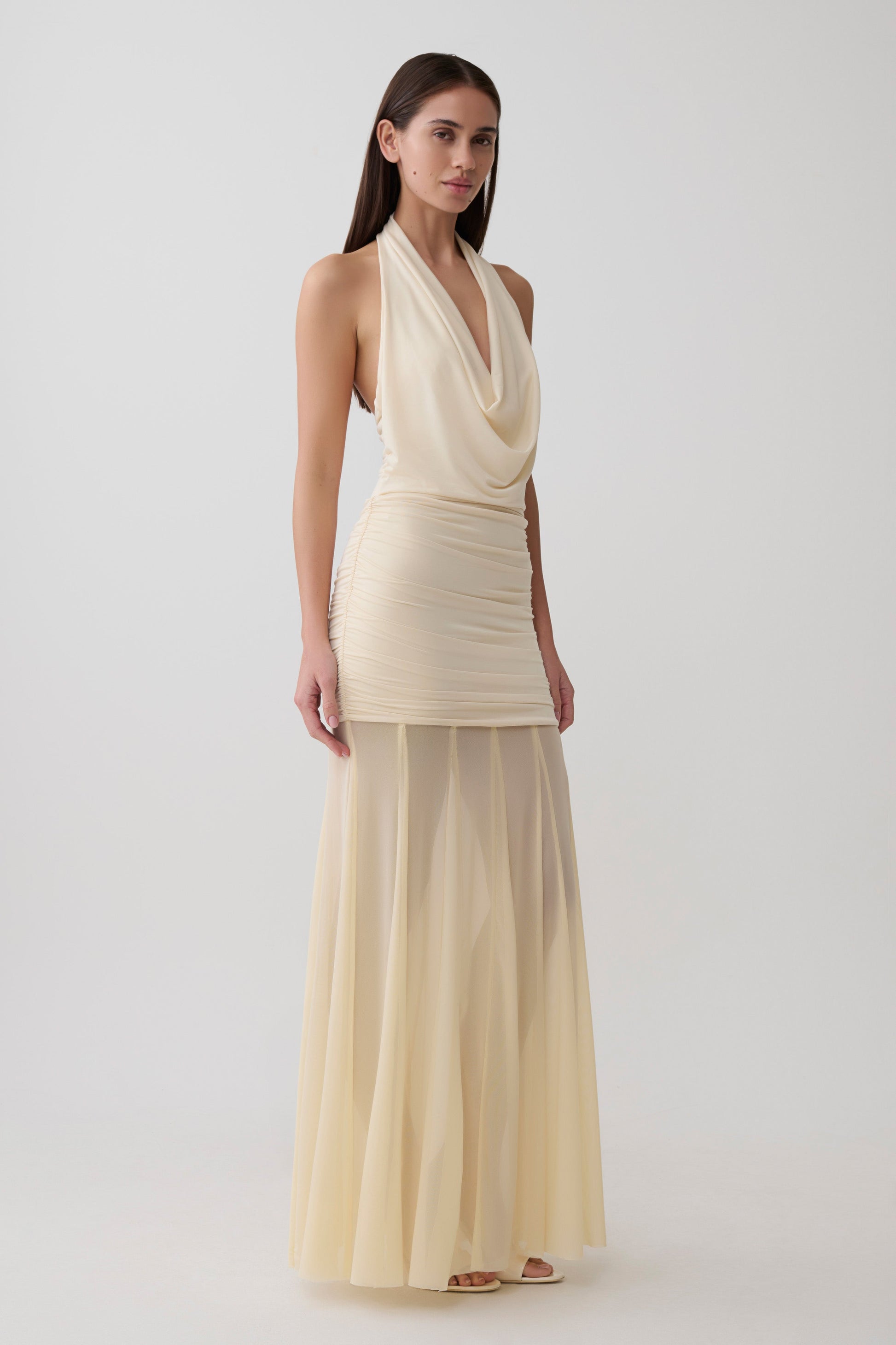 Jorja Draped Halter Slinky Maxi Dress - Ivory #4