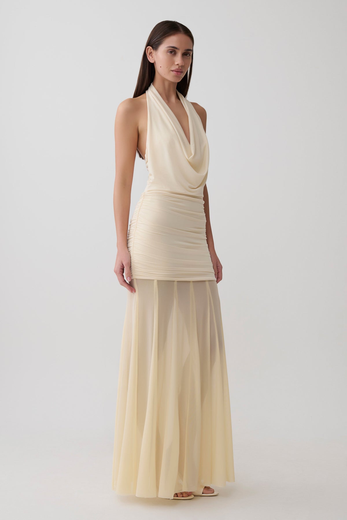 Jorja Draped Halter Slinky Maxi Dress - Ivory #4