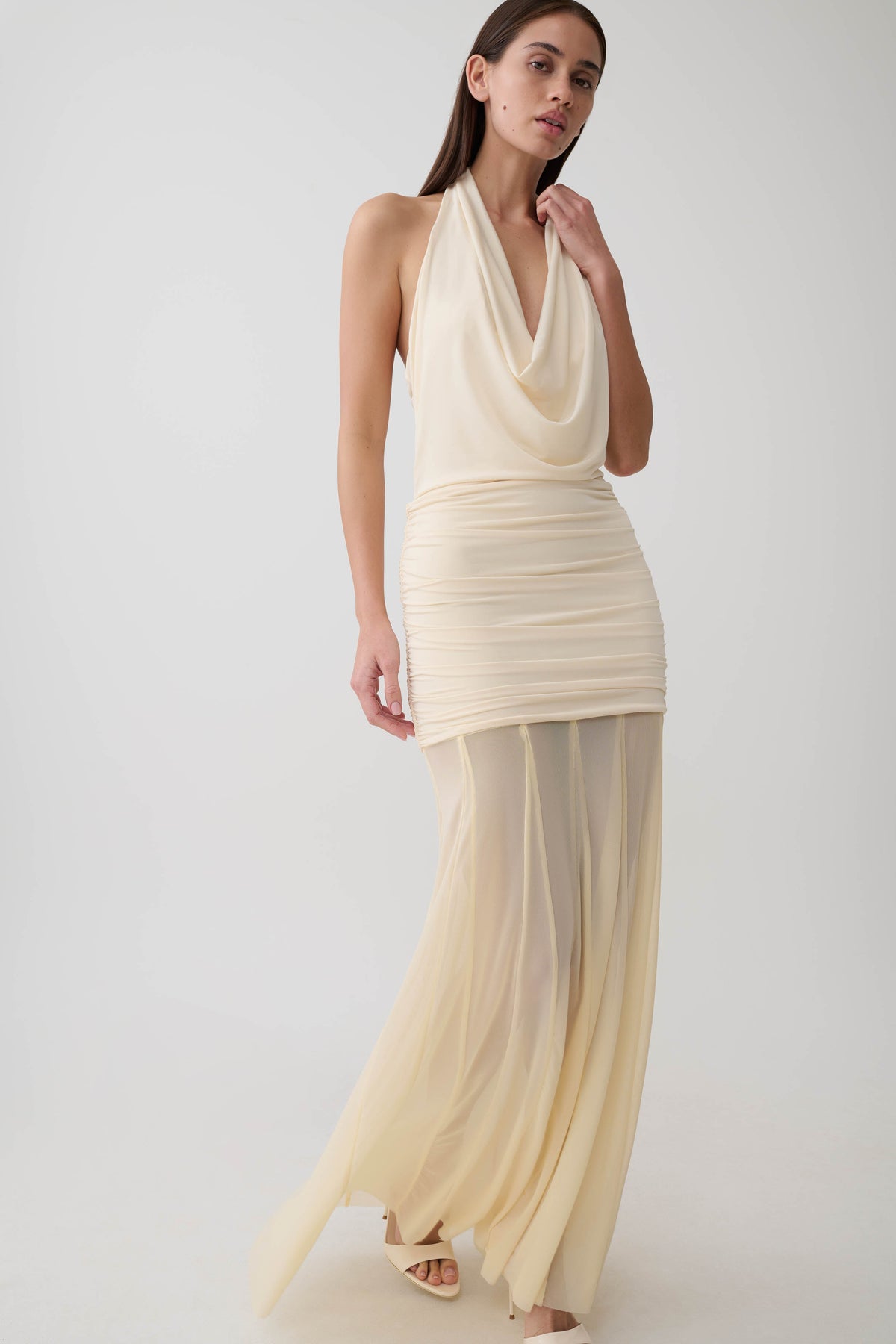 Jorja Draped Halter Slinky Maxi Dress - Ivory #3