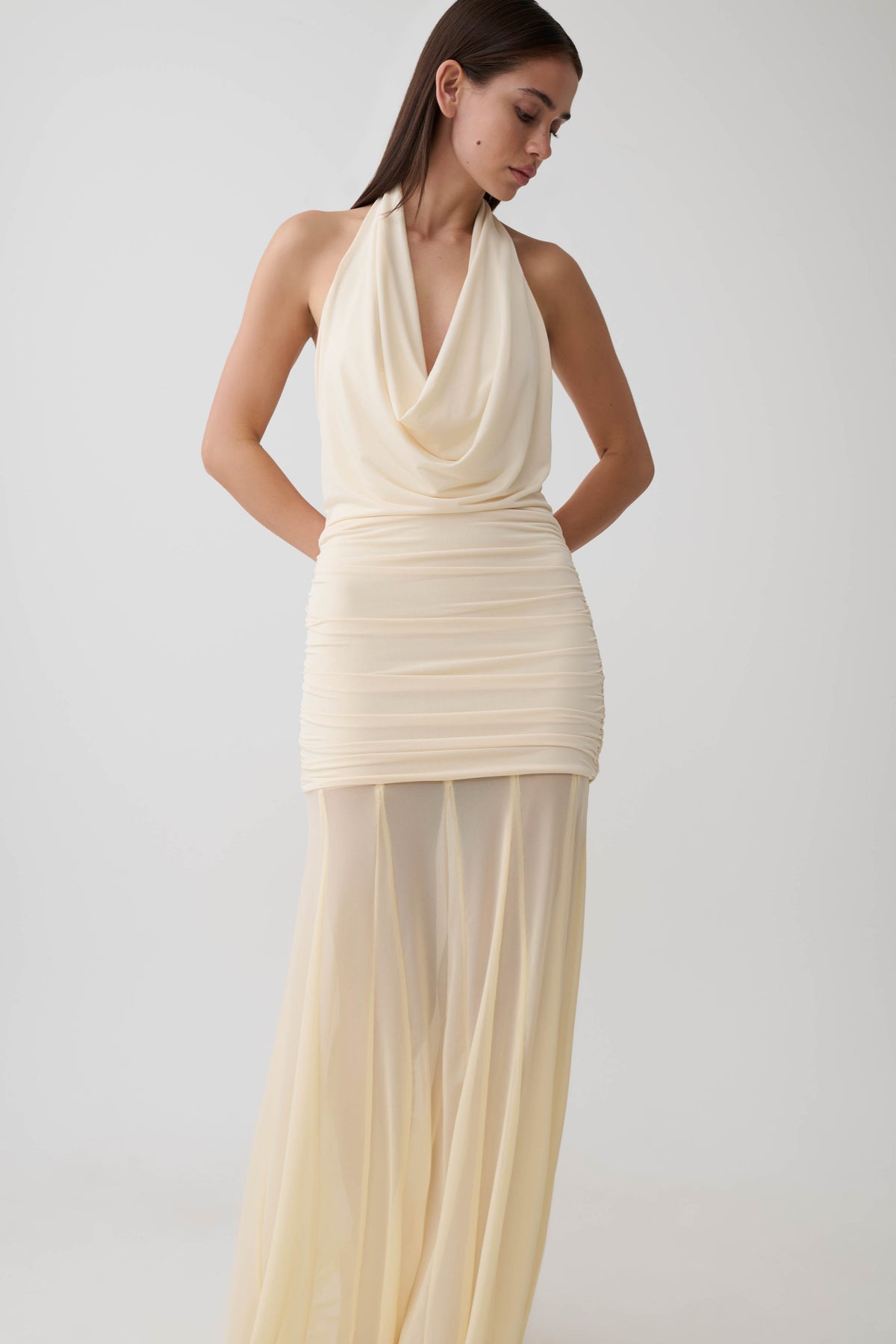 Jorja Draped Halter Slinky Maxi Dress - Ivory #7