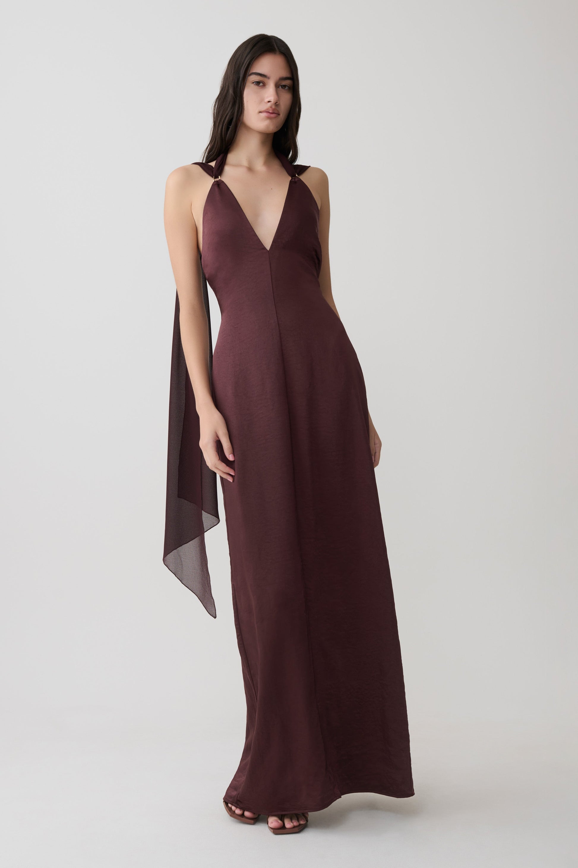 Myla Draped Shoulders Satin Maxi Dress - Chocolate #4