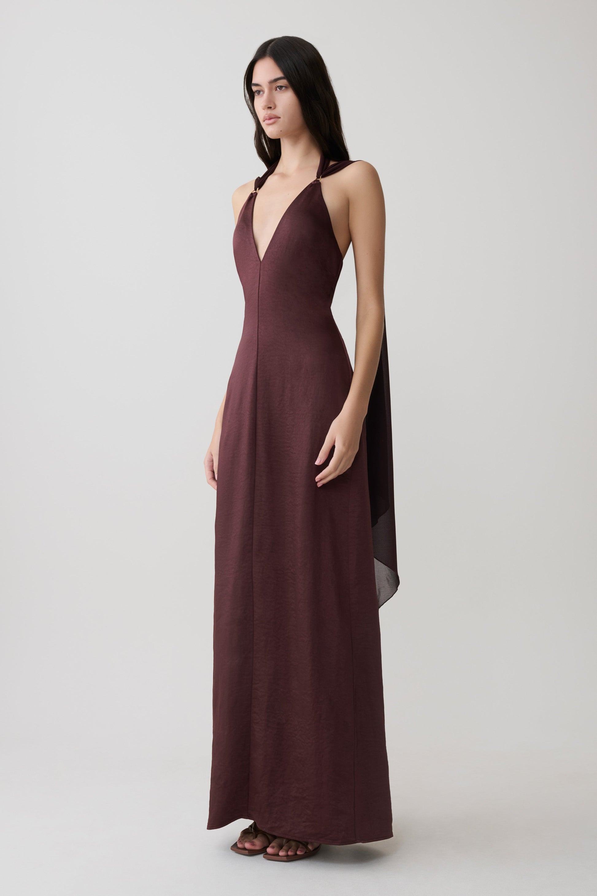 Myla Draped Shoulders Satin Maxi Dress - Chocolate #5