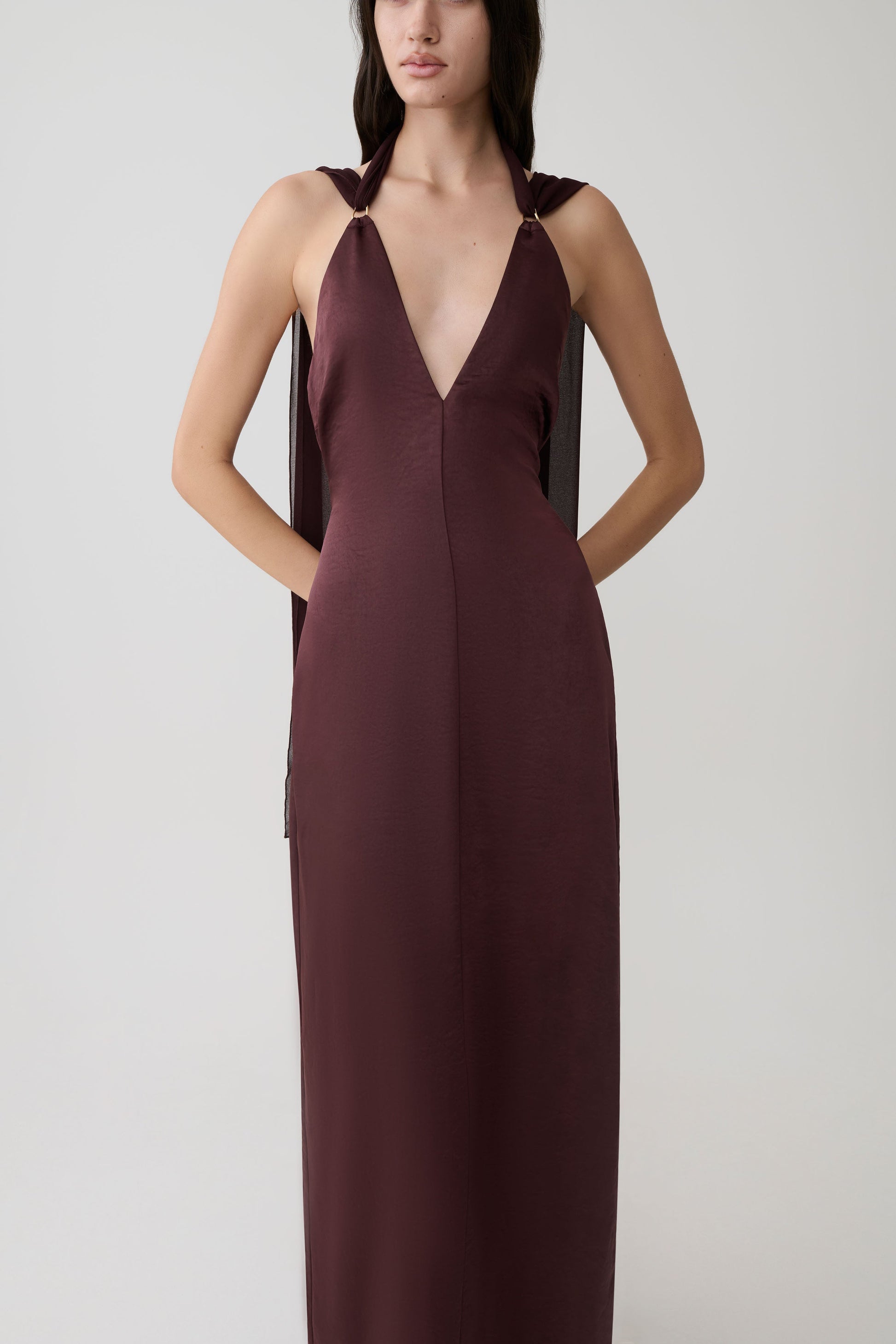 Myla Draped Shoulders Satin Maxi Dress - Chocolate #3
