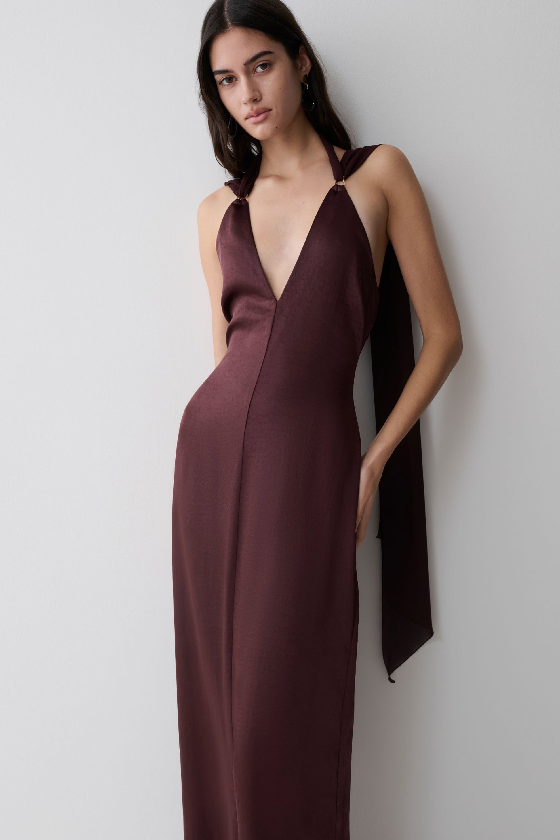 Myla Draped Shoulders Satin Maxi Dress - Chocolate #6