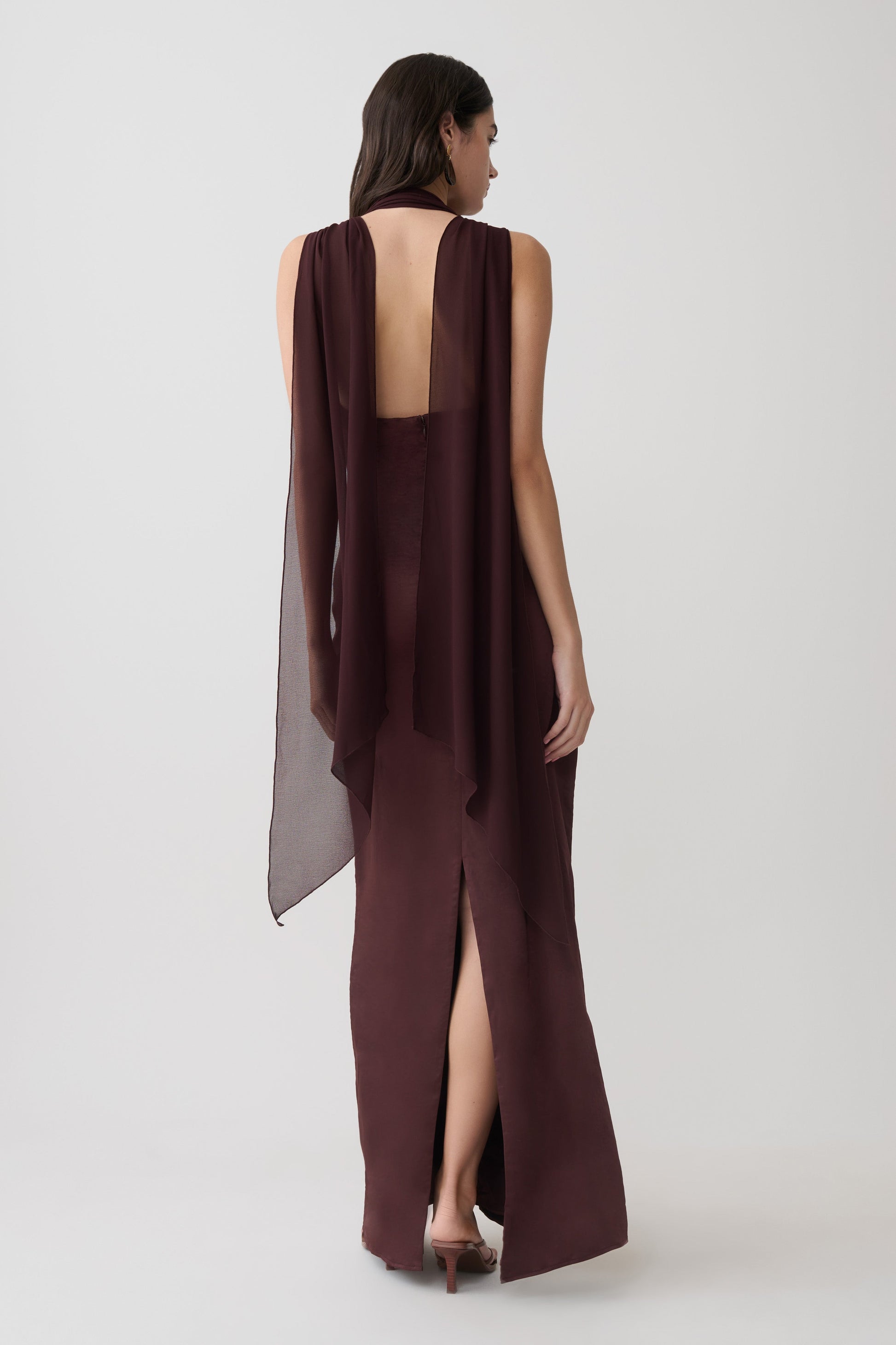 Myla Draped Shoulders Satin Maxi Dress - Chocolate #2