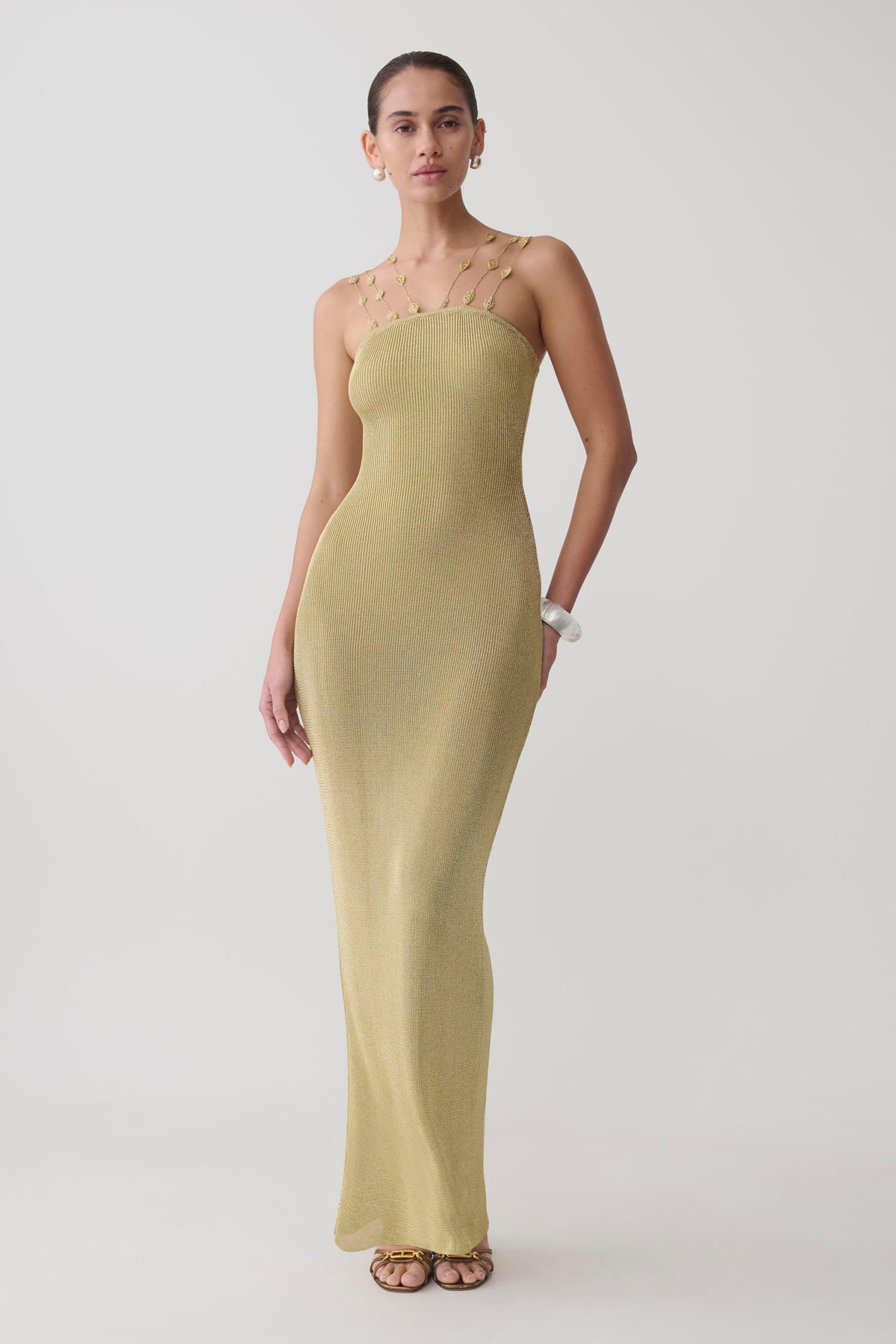 Shami Lurex Maxi Dress With Flowers - Gold