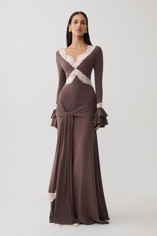 Electra Slinky Lace Maxi Dress - Chocolate/Ballet Pink