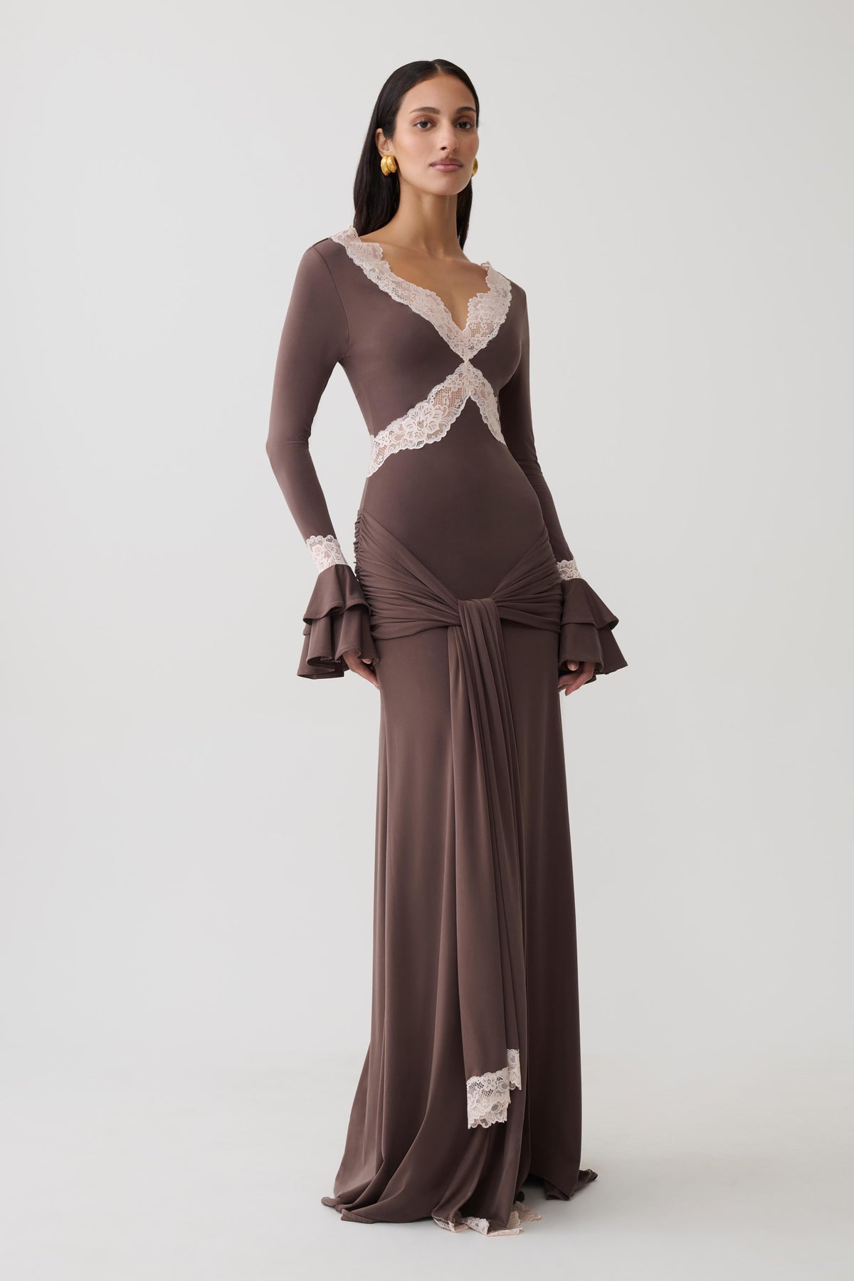 Electra Slinky Lace Maxi Dress - Chocolate/Ballet Pink #5