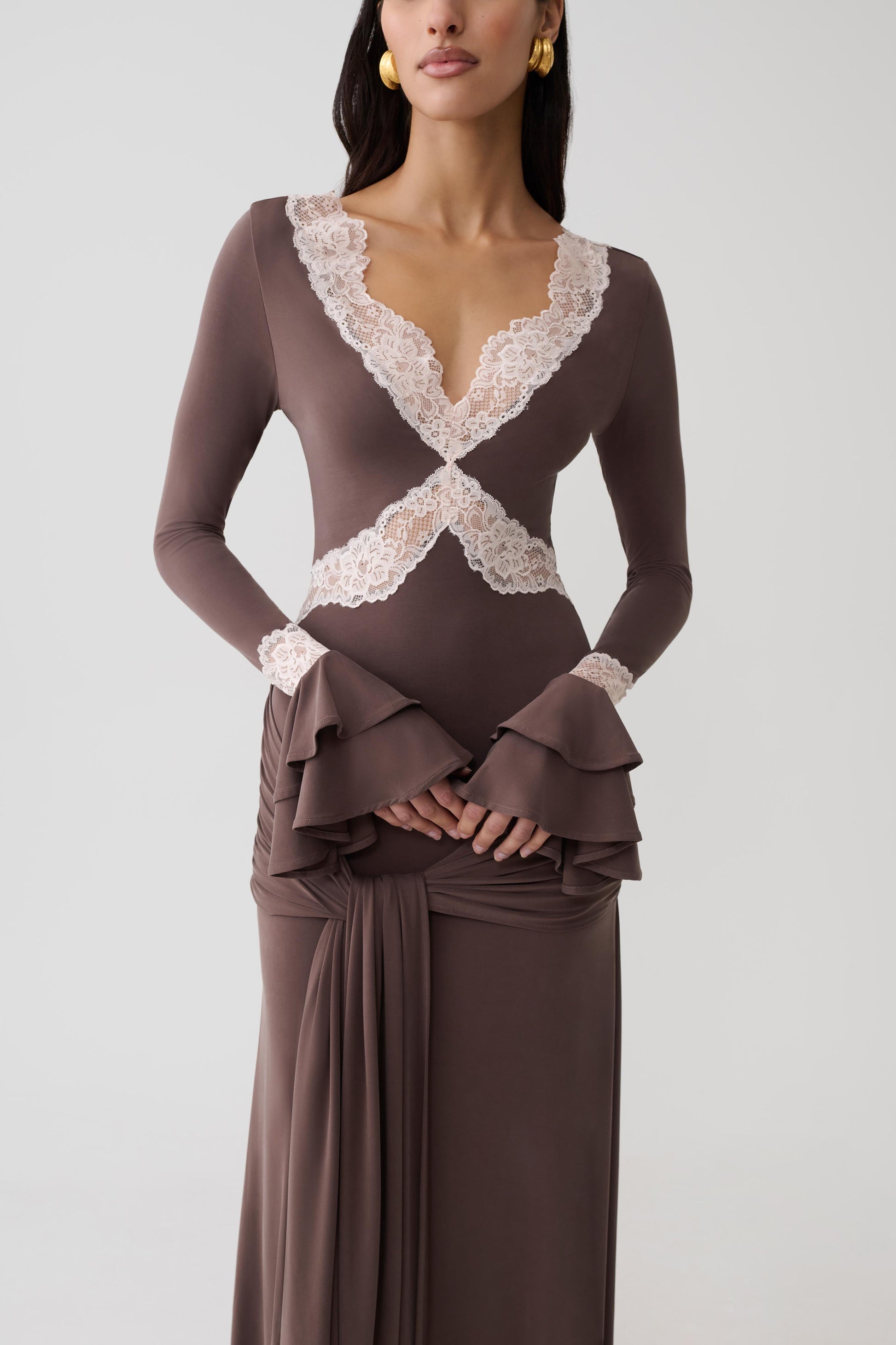 Electra Slinky Lace Maxi Dress - Chocolate/Ballet Pink #3