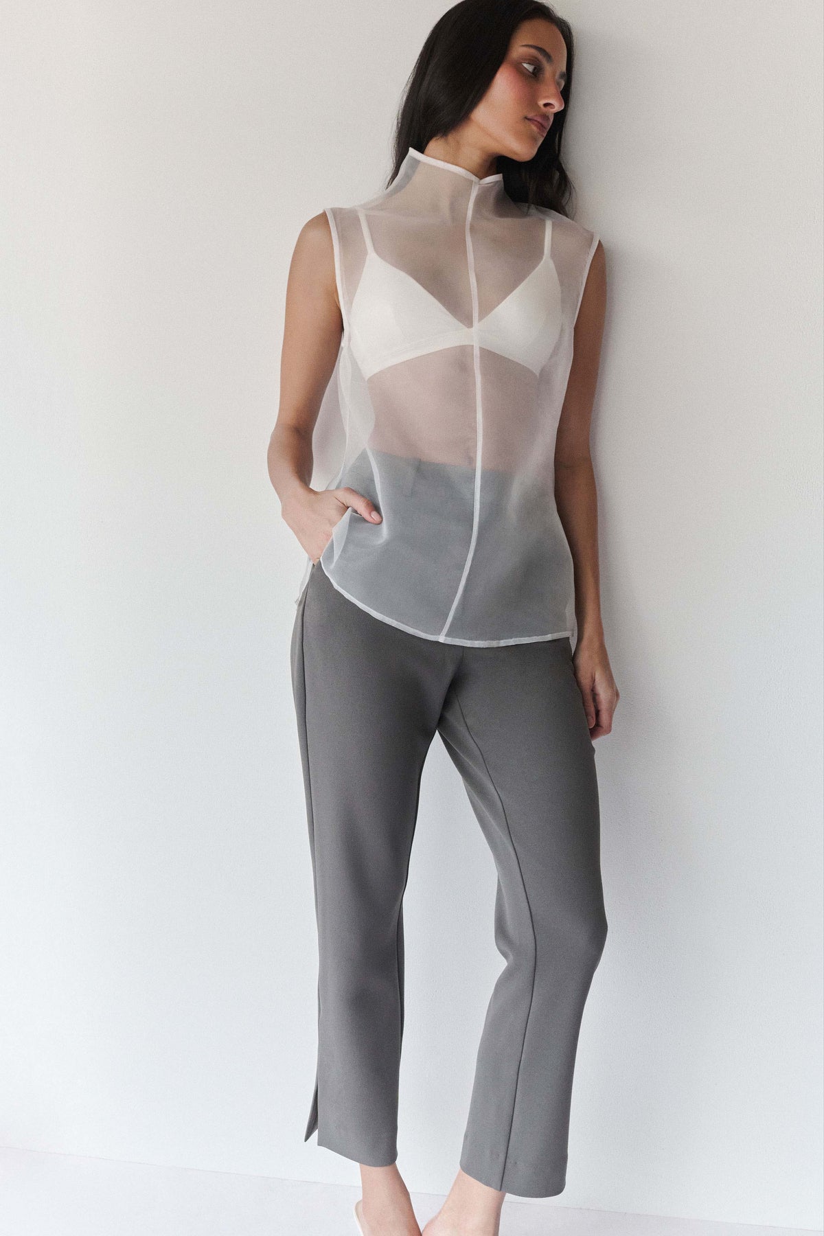 Lillian High Neck Sheer Sleeveless Top - White