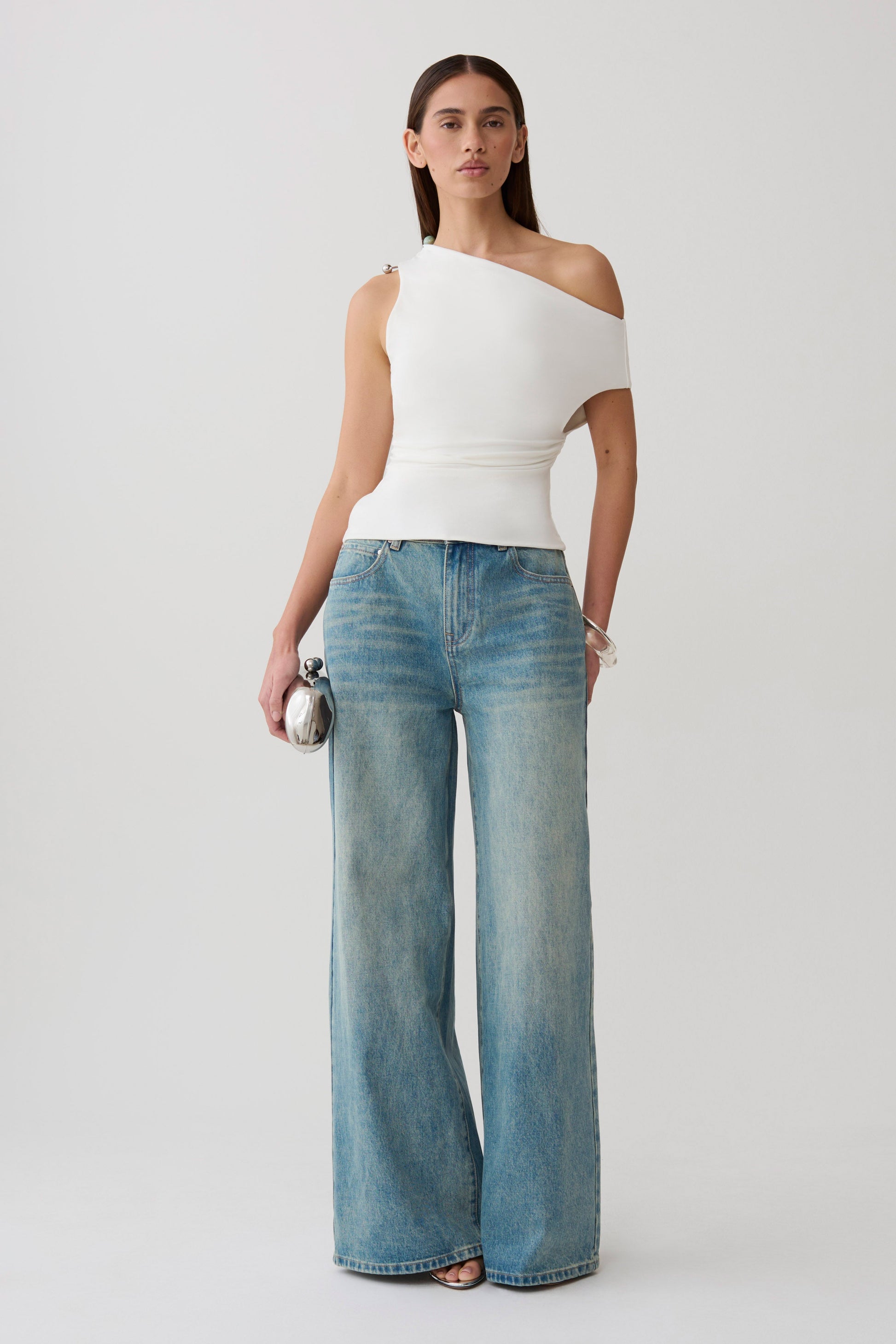 Yuna Short Sleeve Draped Hardware Top - Ivory #7