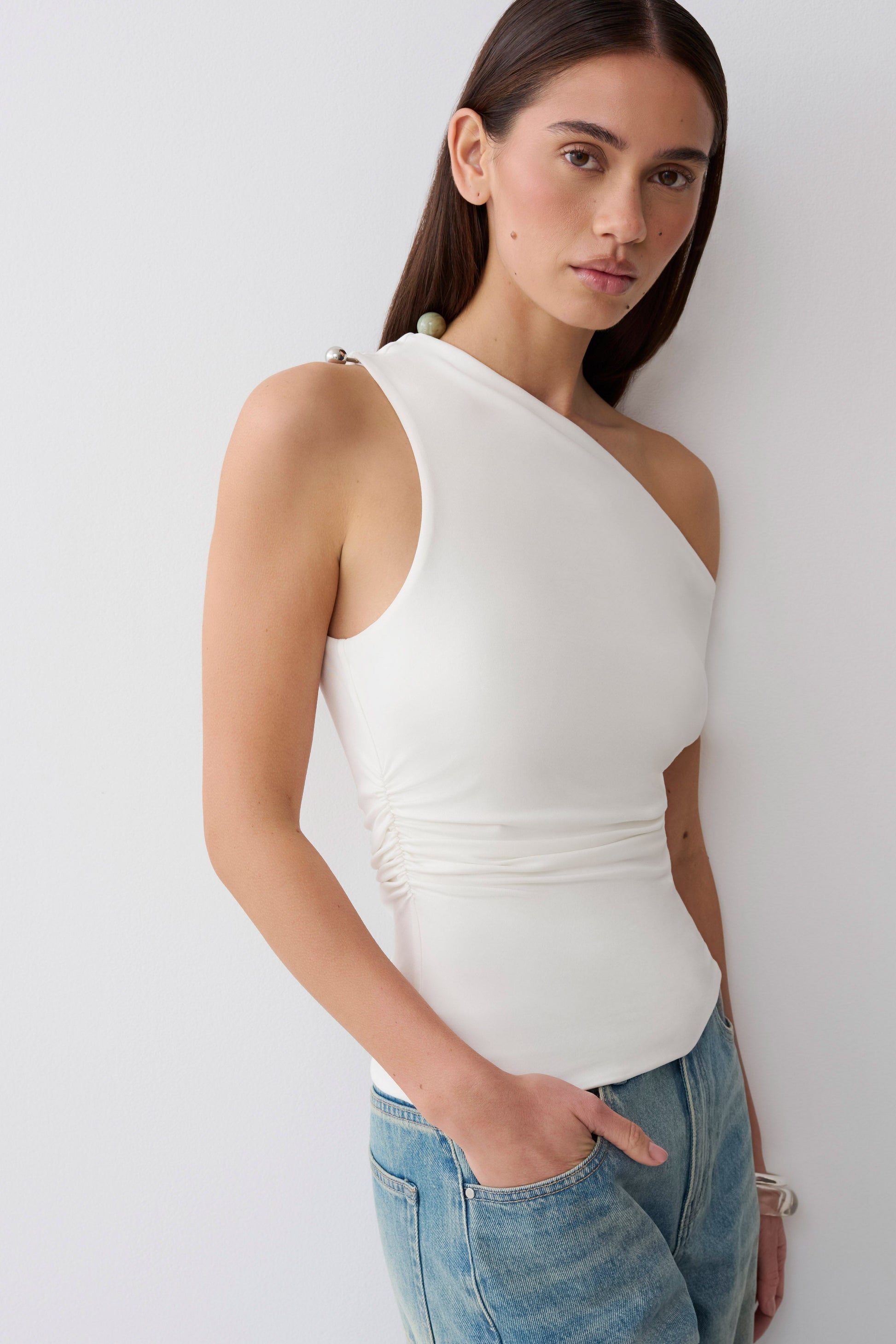 Yuna Short Sleeve Draped Hardware Top - Ivory #3