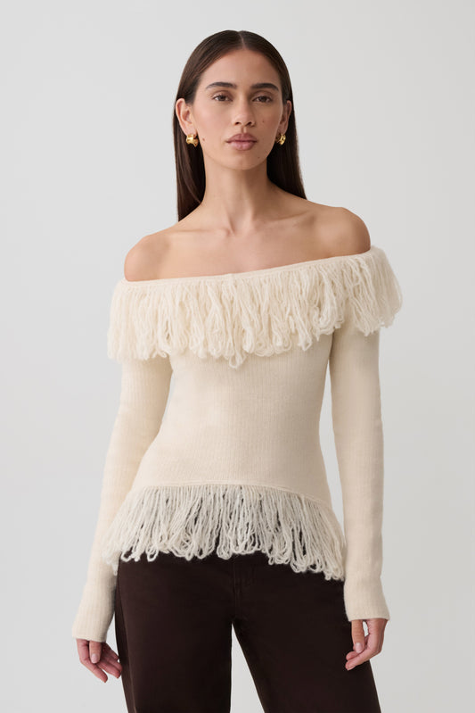 Sammie Fringe Knit Top - Cream