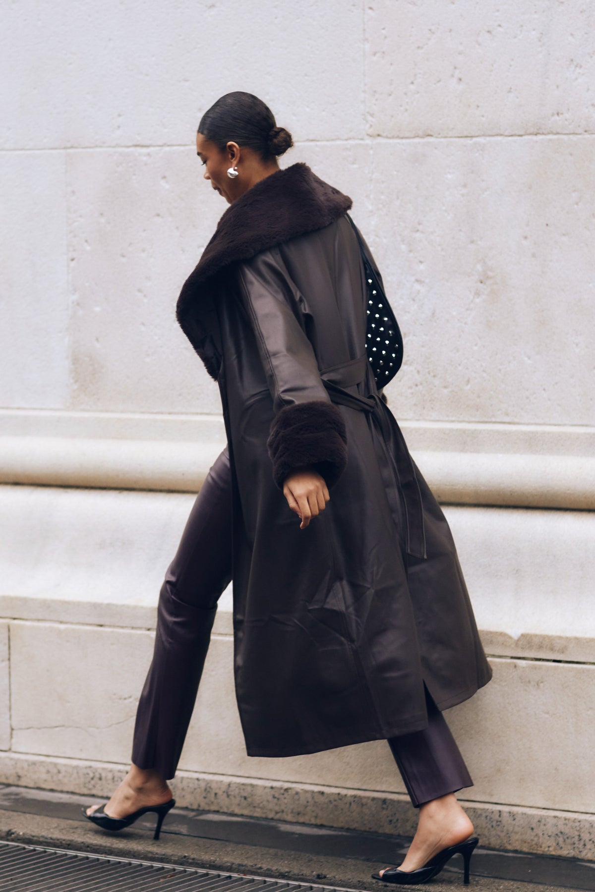 Rebekah Oversized Pu Trench Coat With Fur Trim - Dark Brown #3