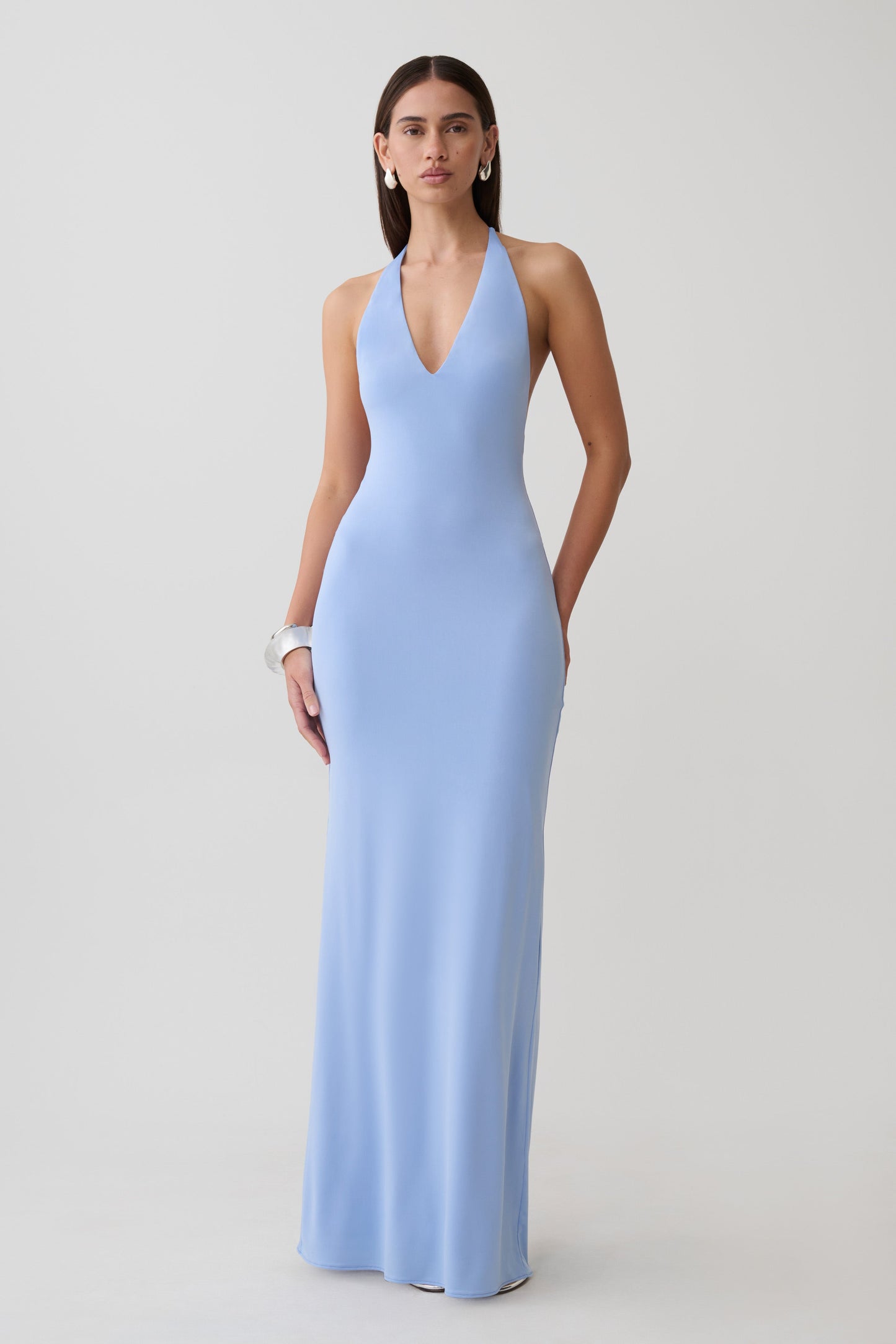 Hana Slinky Plunge Maxi Dress - Sea Blue