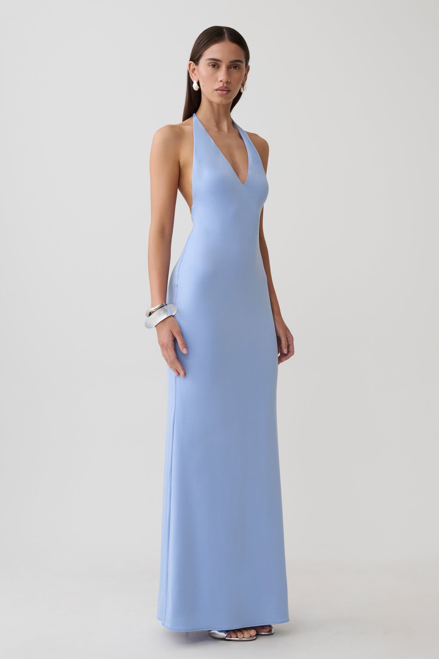 Hana Slinky Plunge Maxi Dress - Sea Blue