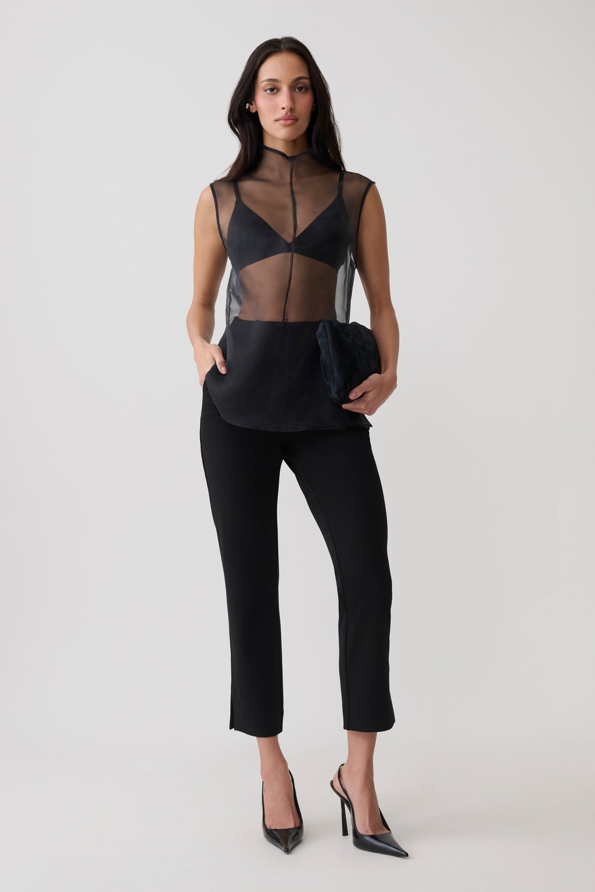 Lillian High Neck Sheer Sleeveless Top - Black