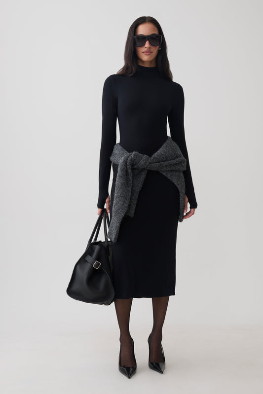 Noelle Longsleeve Roll Neck Midi Dress - Black