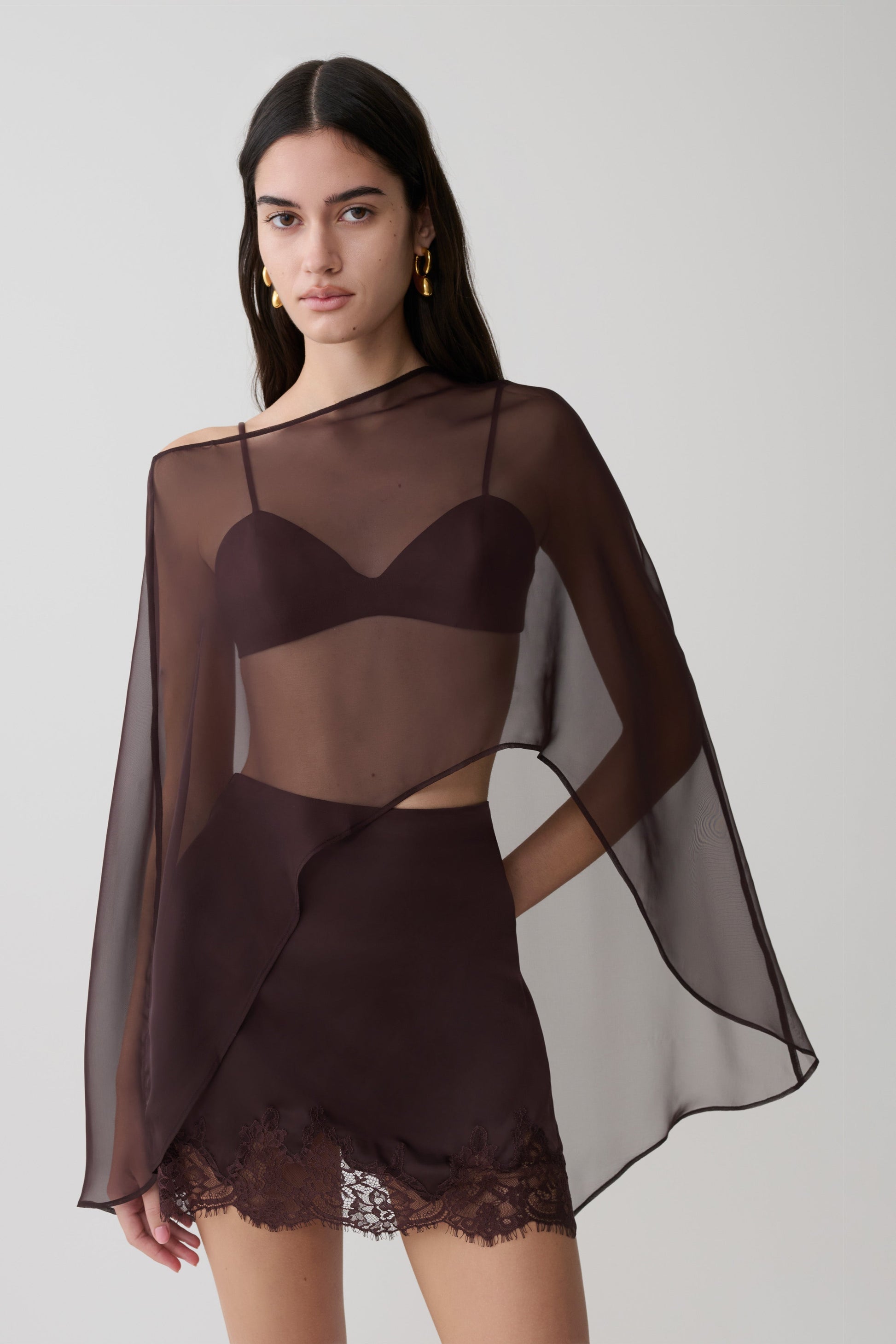 Kirstine Bralette With Chiffon Cape - Chocolate #3